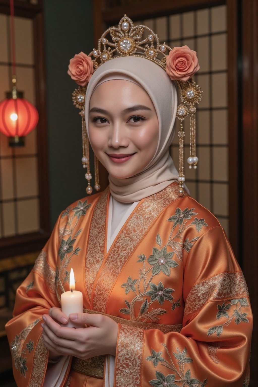 An exquisite portrait of a young woman with alabaster skin,  adorned in an opulent,  tangerine hanfu embellished with resp...