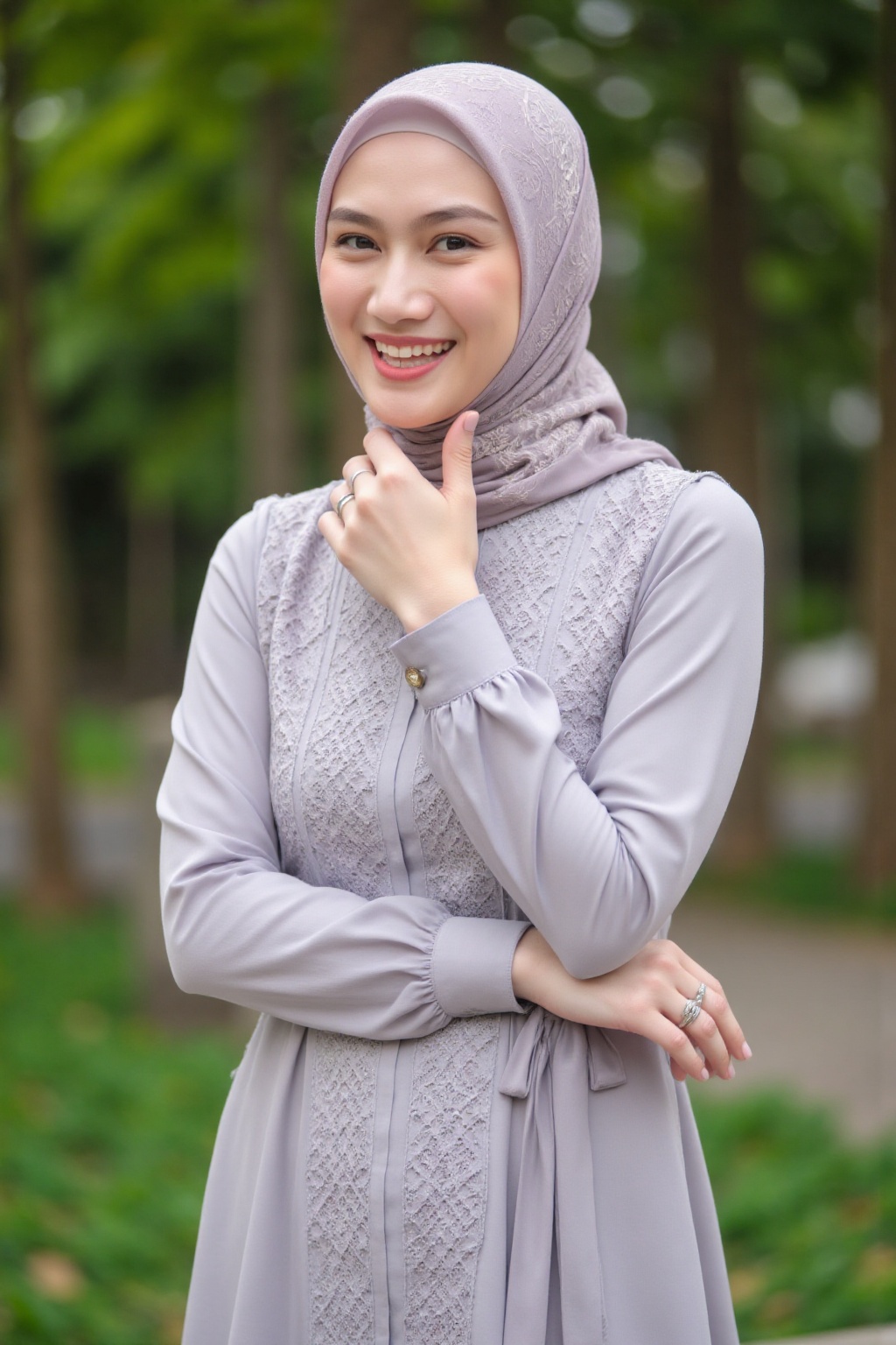 This is a photograph of a young woman with light skin and a bright smile,  standing outdoors in a park. She wears a light...