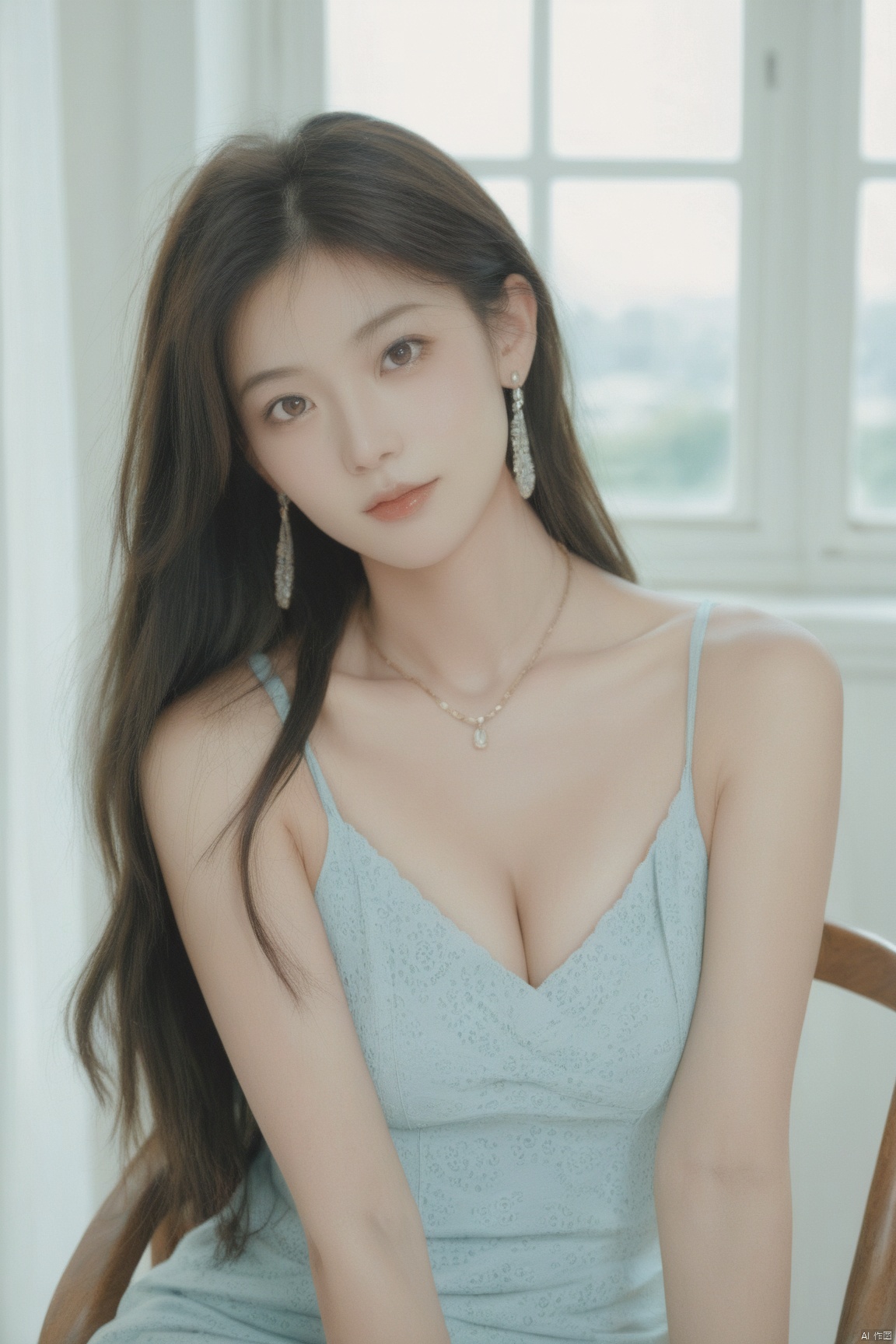 score_9,score_8_up,score_7_up,1girl, solo, long hair, breasts, looking at viewer, black hair, dress, cleavage, bare shoulders, brown eyes, jewelry, medium breasts, sitting, earrings, necklace, lips, head tilt, window, chair,