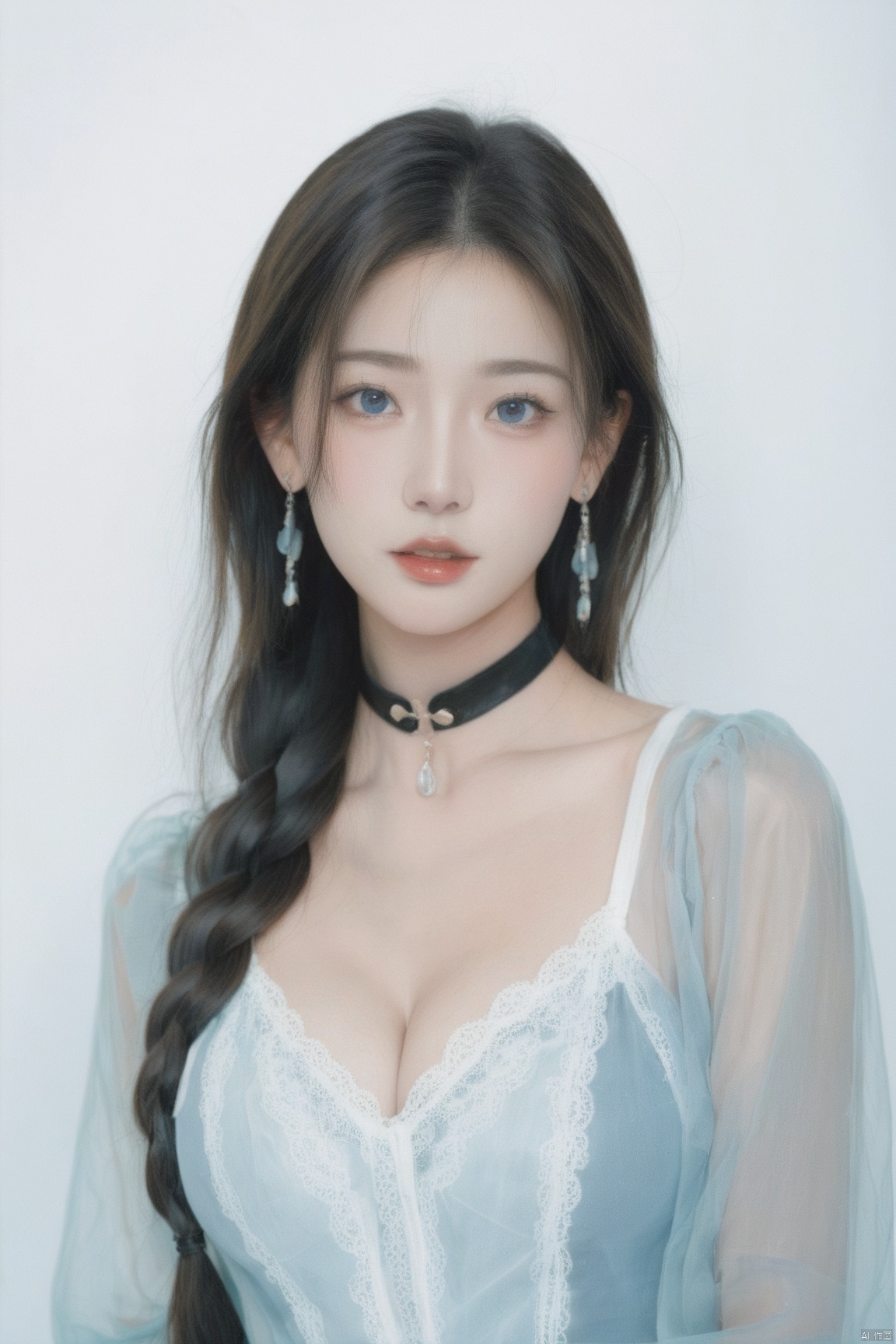 score_9,score_8_up,score_7_up,1girl, solo, long hair, breasts, looking at viewer, blue eyes, large breasts, black hair, long sleeves, cleavage, jewelry, medium breasts, upper body, braid, earrings, parted lips, choker, lips, see-through, gradient, gradient background, blue background, black choker, lace trim, lace, realistic