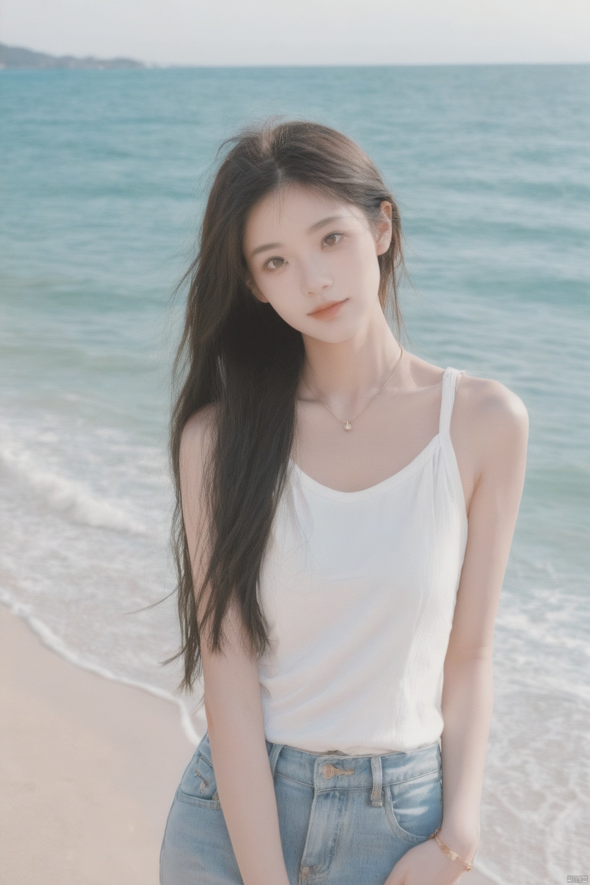 score_9,score_8_up,score_7_up,1girl, solo, long hair, looking at viewer, shirt, black hair, bare shoulders, brown eyes, jewelry, closed mouth, white shirt, outdoors, sleeveless, day, pants, water, necklace, bracelet, lips, head tilt, sleeveless shirt, ocean, beach, denim, jeans, realistic, leaning to the side