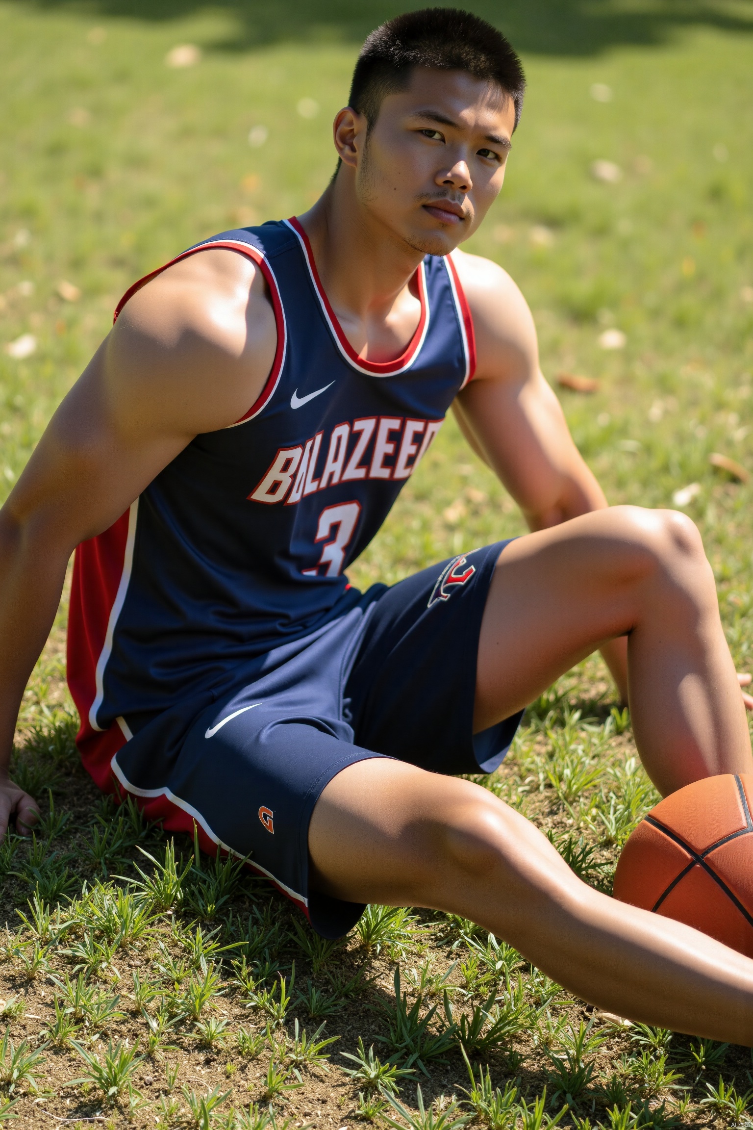 Boy wearing basketball uniform sitting on the ground,  leaning back,  very handsome on Tensor.Art