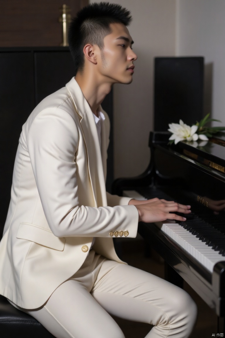 A solo figure, a young man with short hair and formal attire, sits serenely in front of a grand piano. His long sleeves are rolled up slightly, showcasing a hint of his jacket beneath. A closed mouth and shut eyes convey contemplation as he plays the instrument with finesse. Beside him, a white flower rests on a nearby surface, its delicate petals unfolding like a gentle melody. The young man wears white pants and a suit, exuding an air of sophistication within the indoor setting.,