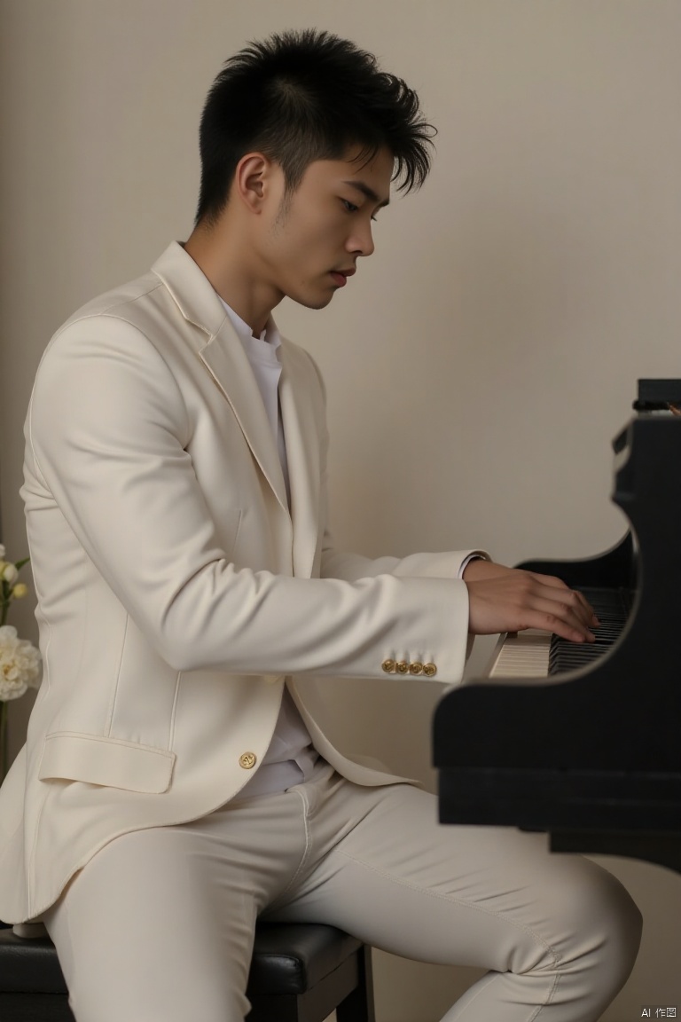 A solo figure, a young man with short hair and formal attire, sits serenely in front of a grand piano. His long sleeves are rolled up slightly, showcasing a hint of his jacket beneath. A closed mouth and shut eyes convey contemplation as he plays the instrument with finesse. Beside him, a white flower rests on a nearby surface, its delicate petals unfolding like a gentle melody. The young man wears white pants and a suit, exuding an air of sophistication within the indoor setting.,