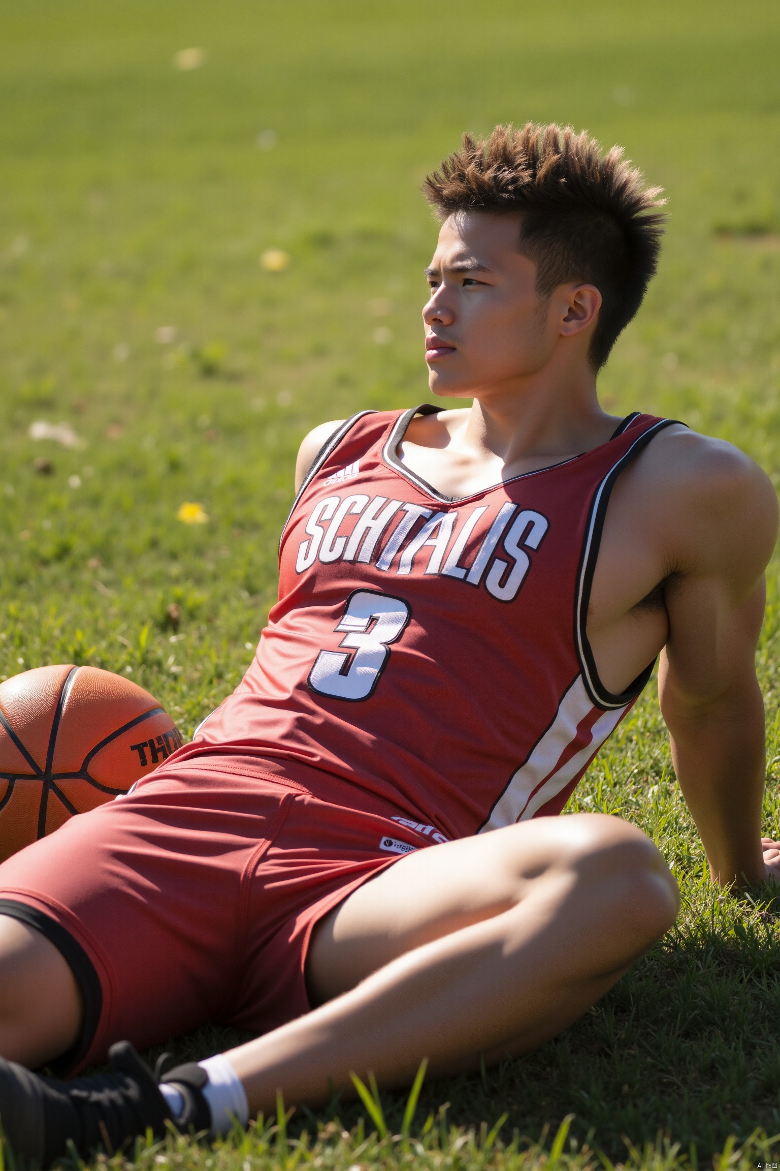 Boy wearing basketball uniform sitting on the ground,  leaning back,  very handsome on Tensor.Art