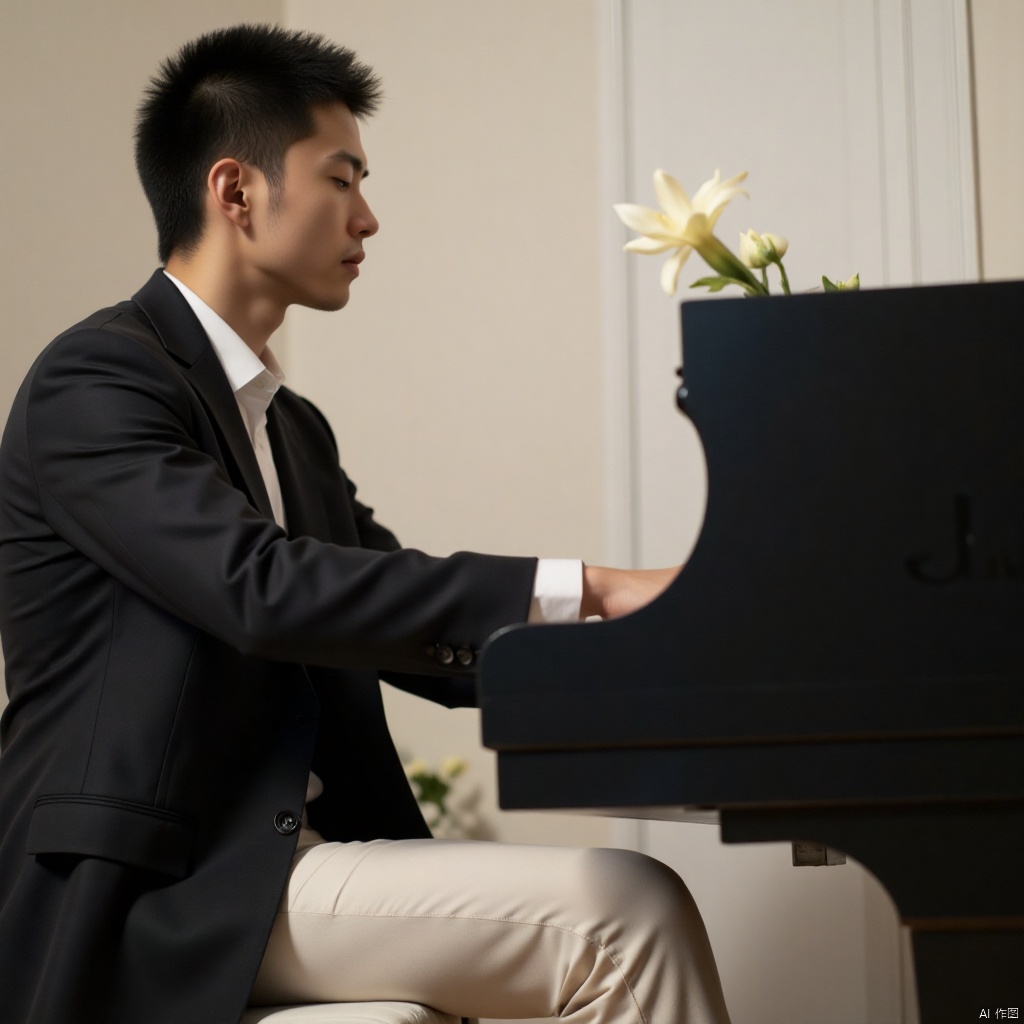 A solo figure, a young man with short hair and formal attire, sits serenely in front of a grand piano. His long sleeves are rolled up slightly, showcasing a hint of his jacket beneath. A closed mouth and shut eyes convey contemplation as he plays the instrument with finesse. Beside him, a white flower rests on a nearby surface, its delicate petals unfolding like a gentle melody. The young man wears white pants and a suit, exuding an air of sophistication within the indoor setting.,