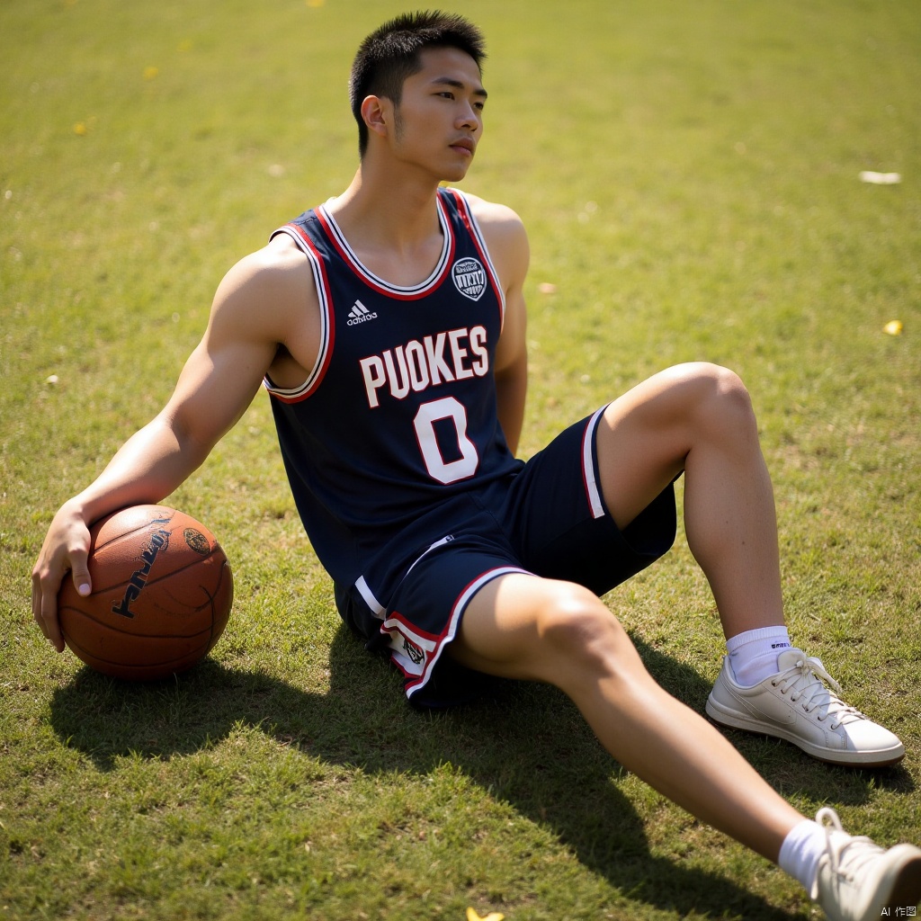 Boy wearing basketball uniform sitting on the ground, leaning back, very handsome, with basketball next to him, grass, sunshine, photo style, film style, dynamic perspective