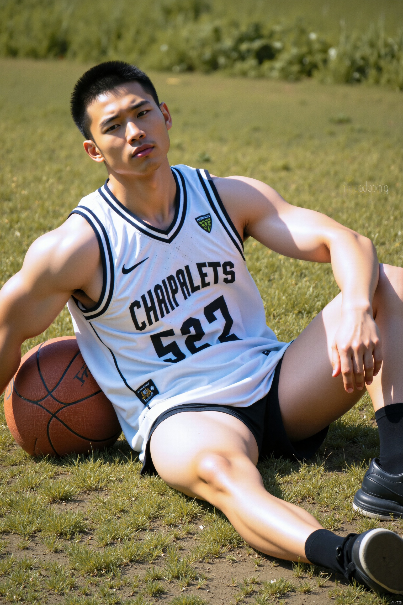 Boy wearing basketball uniform sitting on the ground,  leaning back,  very handsome on Tensor.Art