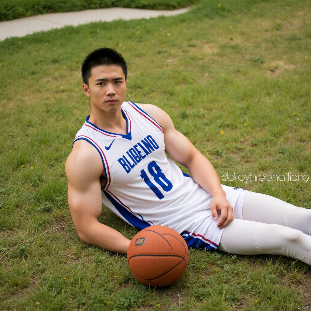 Boy wearing basketball uniform sitting on the ground, leaning back, very handsome, with basketball next to him, grass, sunshine, photo style, film style, dynamic perspective