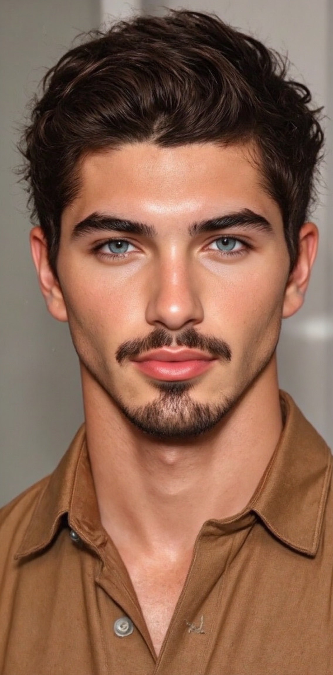 A close-up shot of a medium-sized man with dark brown hair and a goatee mustache. His eyes are a piercing blue and he is l...