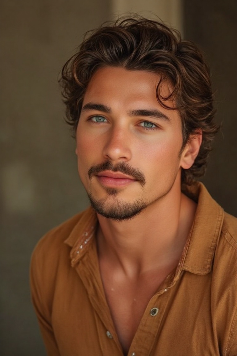 A close-up shot of a medium-sized man with dark brown hair and a goatee mustache. His eyes are a piercing blue and he is looking directly into the camera. He has a slight smile on his face, and his lips are a vibrant shade of pink. He is wearing a brown button-down short-sleeved button-up shirt, and the background is blurred.