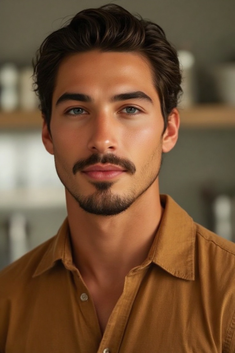 A close-up shot of a medium-sized man with dark brown hair and a goatee mustache. His eyes are a piercing blue and he is l...
