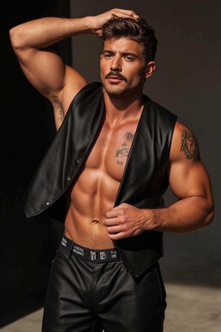 a medium-sized illustration of a muscular man,  adorned with a black leather vest and black leather pants. The man's upper...