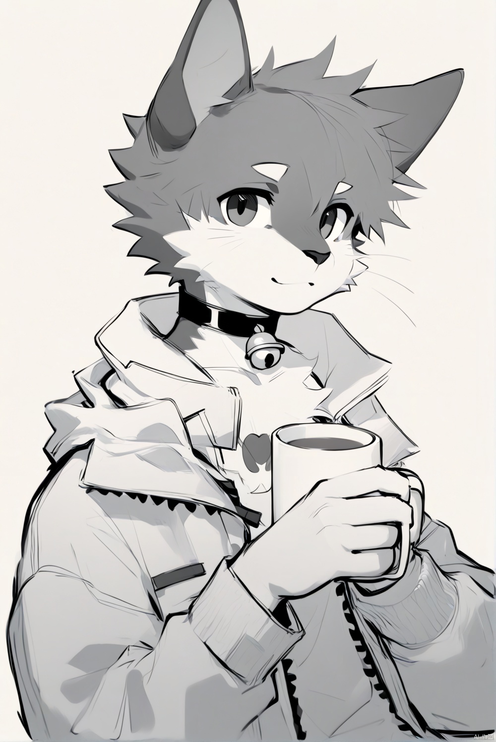 1boy, solo, looking at viewer, short hair, simple background, shirt, 1boy, white background, animal ears, hair between eyes, bare shoulders, closed mouth, jacket, monochrome, upper body, male focus, choker, cat ears, off shoulder, cup, sketch, bell, neck bell, head rest, mug, cat print,cute,body fur,furry,anthro