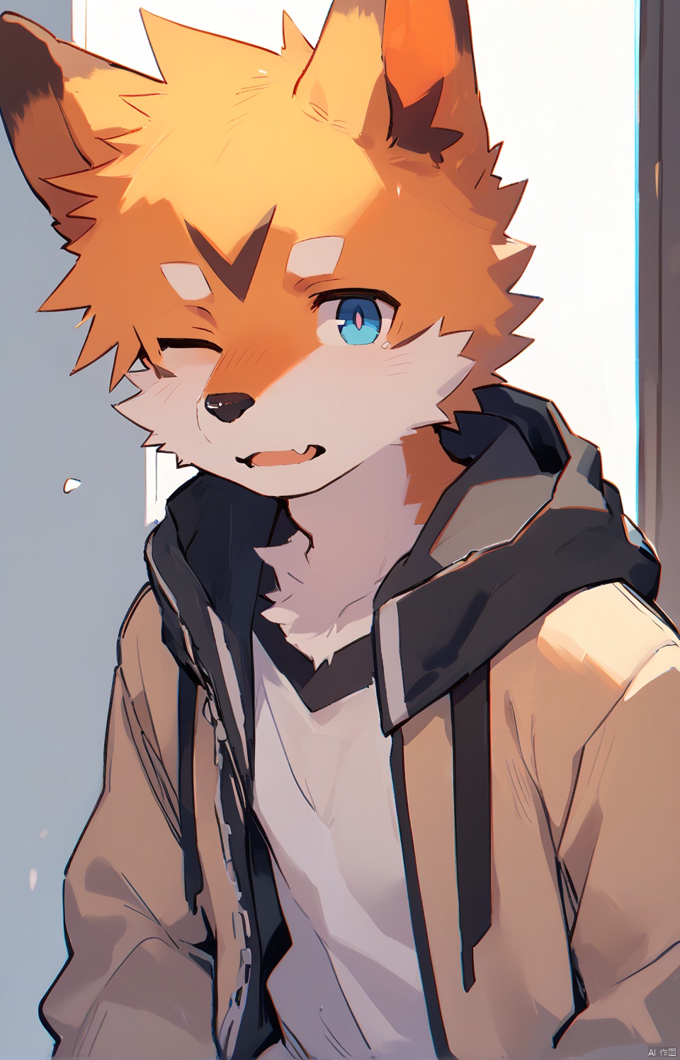 [[nploser,nekowuwu]], solo,shota, furry,kemono,dog_boy,BREAK, [red_inner_ear], [orange_fur,blue_eyes],white_hikimayu, ,BREAK, portrait,one eye closed, (masterpiece, best quality:1.1),,body fur,anthro