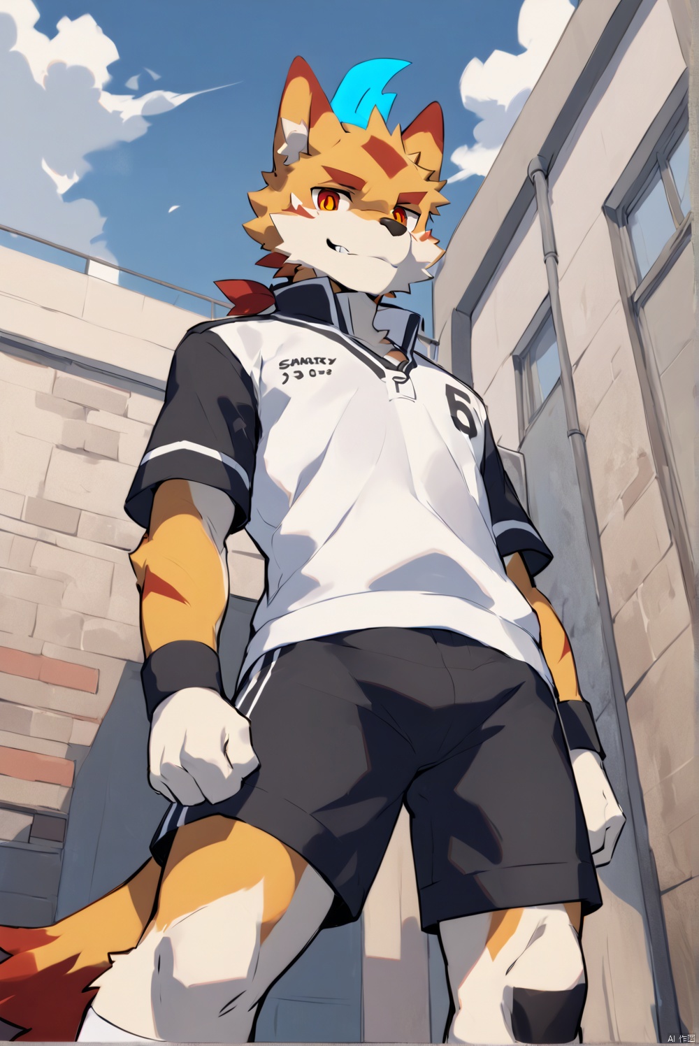 score_9, score_8_up, score_7_up, score_6_up, score_5_up, source_furry, masterpiece, best quality, anthro, furry, male, solo, by oouyuki benten, oouyuki benten, by dagsi, by nekowuwu, wolf, standing, baseball uniform, white stirrup socks, low-angle view, close-up, looking at viewer, school, blue sky, cloud, detailed background