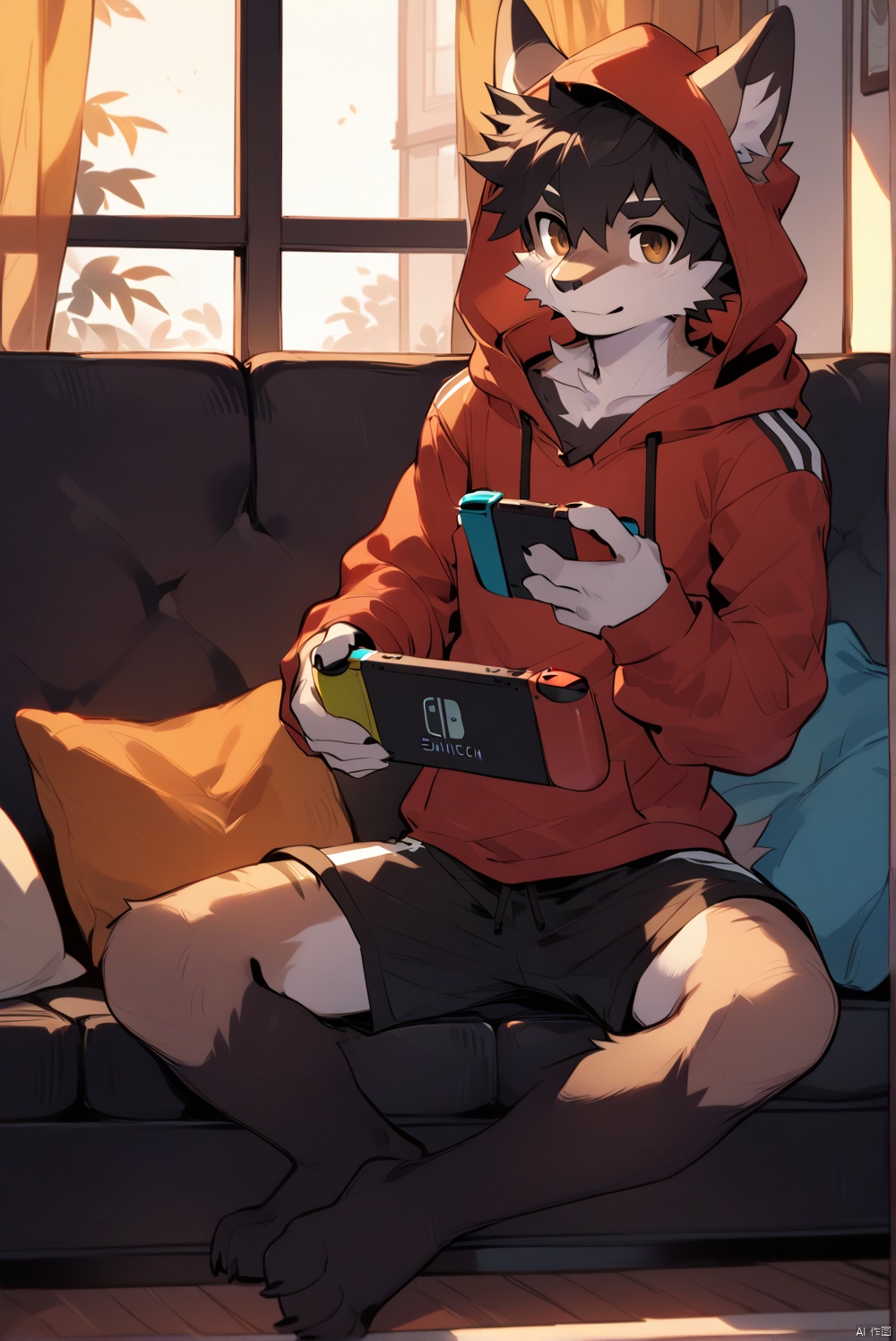 solo, looking at viewer, short hair, black hair, 1boy, holding, brown eyes, sitting, closed mouth, full body, male focus, shorts, barefoot, indoors, hood, feet, pillow, window, hoodie, toes, black shorts, curtains, couch, handheld game console, playing games, nintendo switch, game console, red hoodie, holding handheld game console,Noyu,Akira,body fur,anthro