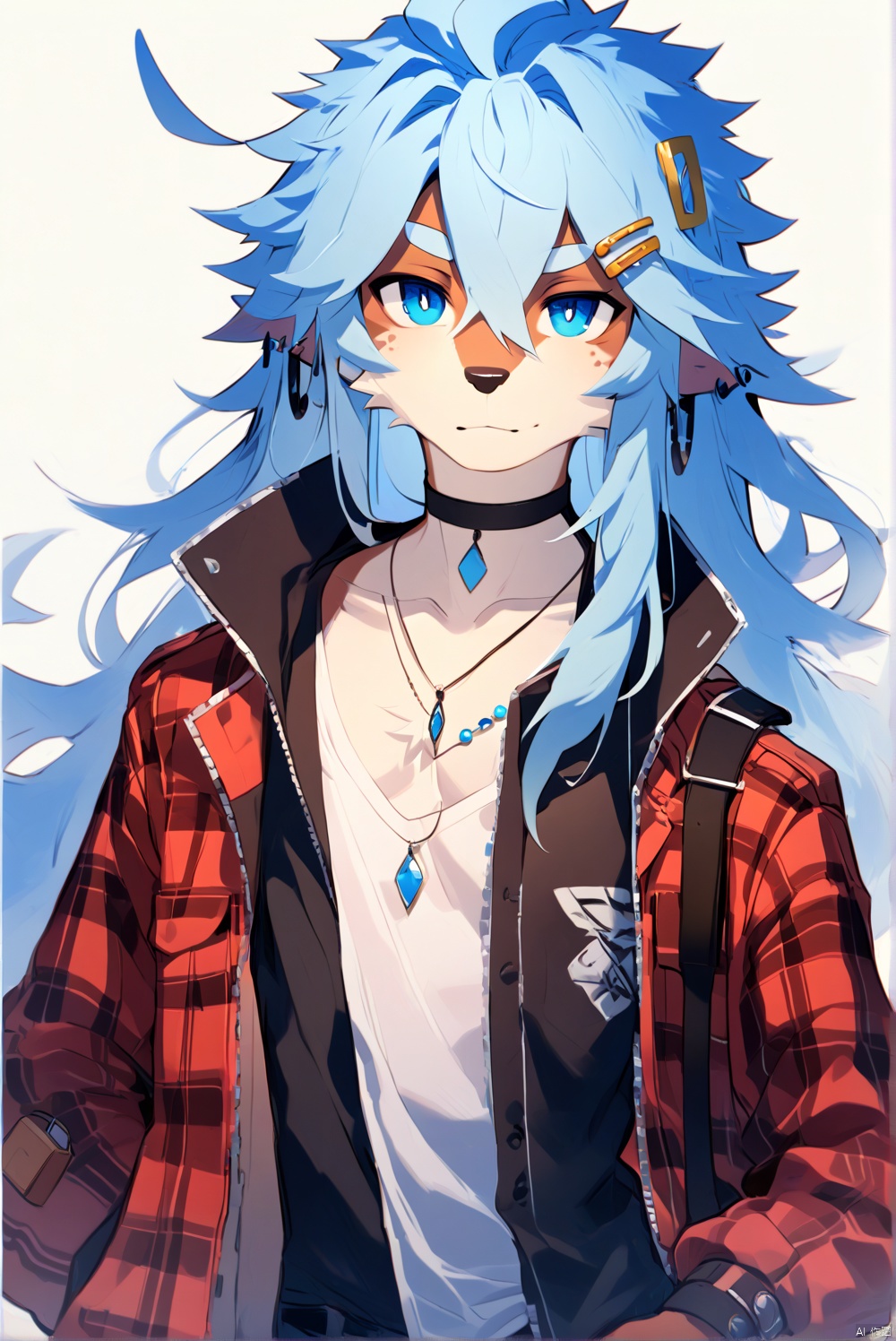 solo, long hair, looking at viewer, blue eyes, simple background, shirt, hair ornament, long sleeves, 1boy, white background, hair between eyes, jewelry, closed mouth, blue hair, jacket, white shirt, ahoge, male focus, earrings, open clothes, choker, hairclip, pants, necklace, bag, collar, plaid, expressionless, piercing, x hair ornament, ear piercing, androgynous, light blue hair, plaid shirt, plaid jacket,Akira,body fur,anthro