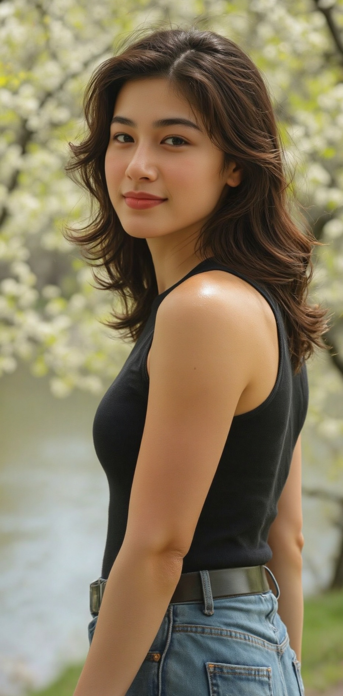 a young Asian woman stands with her back to the viewer. She is wearing a black sleeveless **** top, a black belt, and a pair of blue jeans. Her hair is long and cascades over her shoulders. The background is blurred, suggesting a peaceful, natural setting. The woman's expression is neutral, with a slight smile on her face.