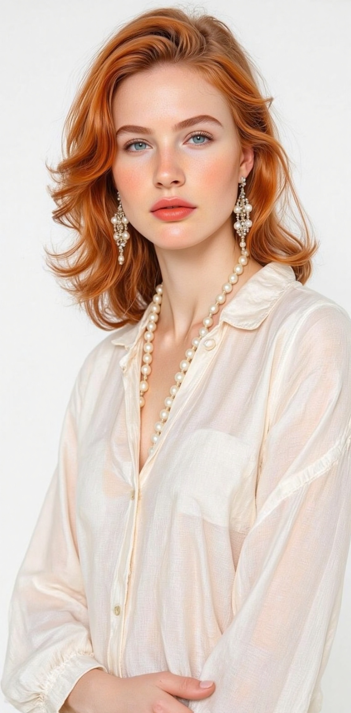 a vibrant red-haired woman with a white face is stunning. Her eyes are a piercing blue, her lips are a deep red, her hair is a vibrant shade of red, adding a pop of color to her face. She is wearing a white blouse, adorned with a long white necklace that hangs from her neck. Her earrings are adorned with white pearls. The backdrop is a stark white, creating a stark contrast to the woman's face.
