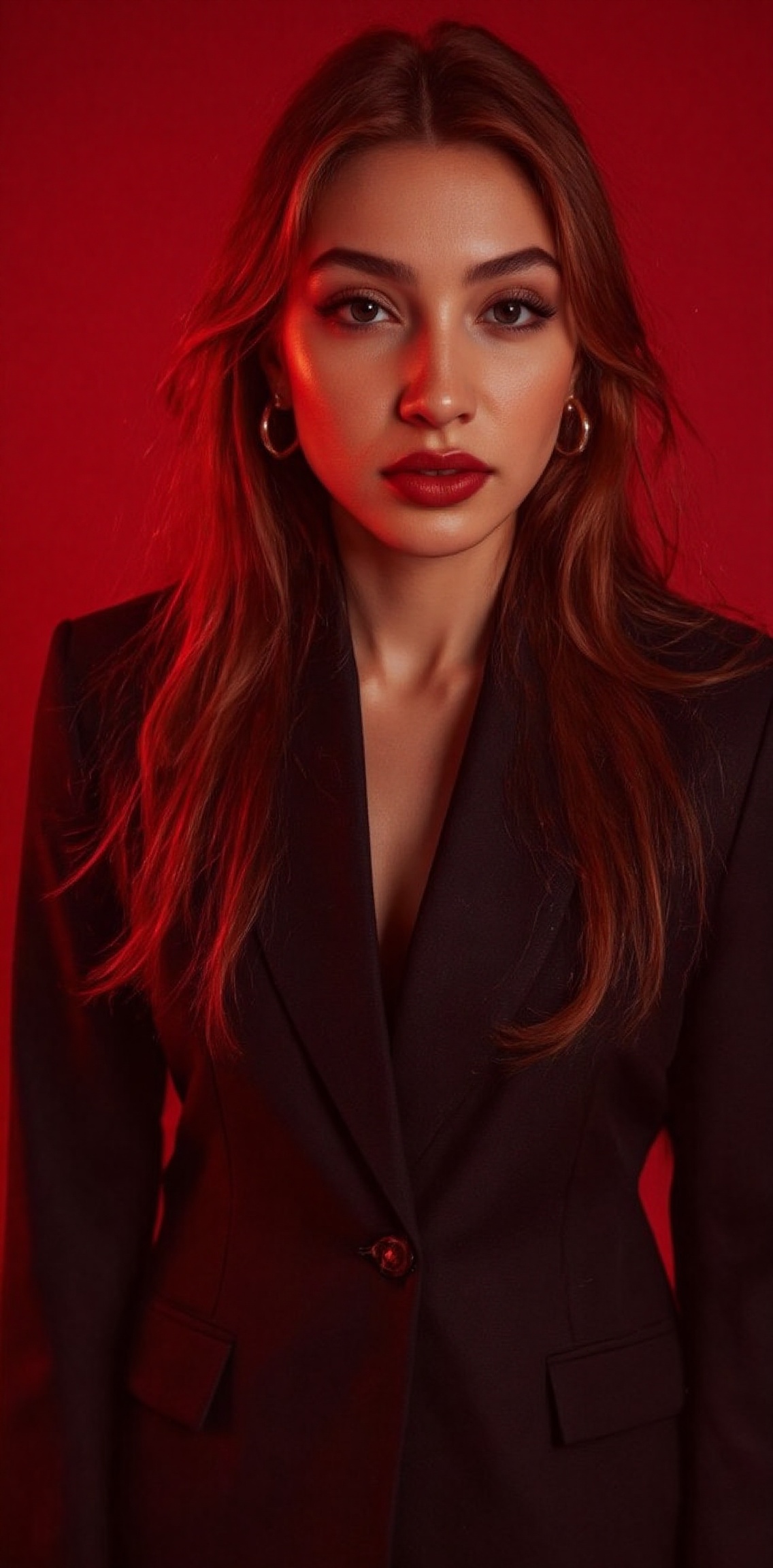 a vibrant red-haired Asian woman with long,  straight,  brown hair stands in front of a red backdrop. She is dressed in a...