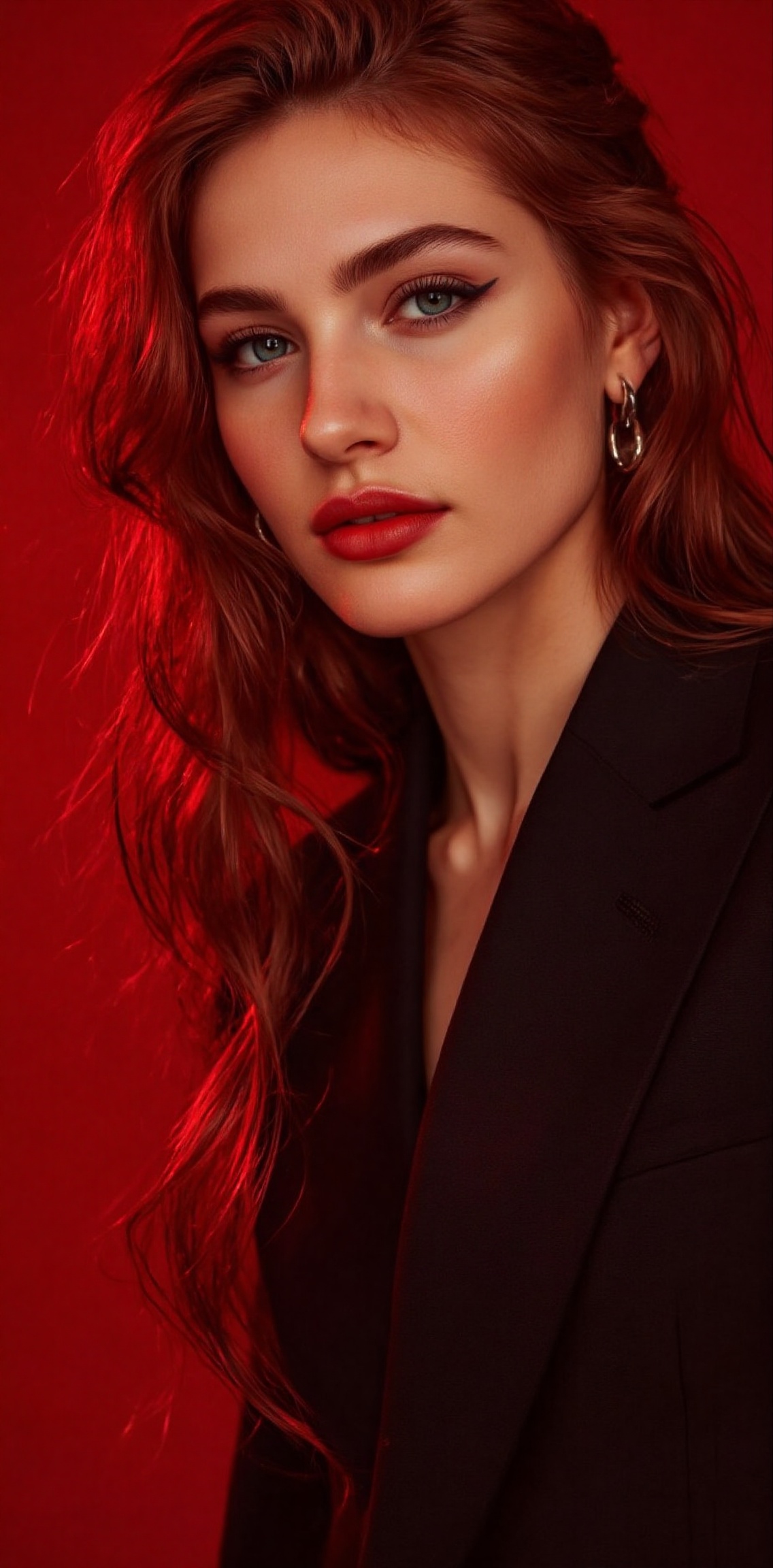 a vibrant red-haired Asian woman with long, straight, brown hair stands in front of a red backdrop. She is dressed in a black blazer, adorned with silver earrings. Her lips are painted a deep red, adding a pop of color to her face. Her eyes are adorned with a bold, smoky eye shadow. Her hair is cascading down her shoulders, framing her entire face. The backdrop is a deep, vibrant red, creating a striking contrast to the woman's outfit.