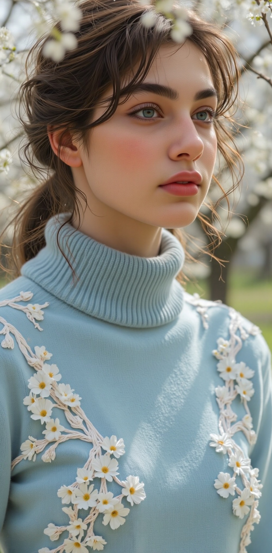 a close-up shot of a young Asian woman with long dark brown hair and blue eyes,  is wearing a light blue turtleneck sweate...