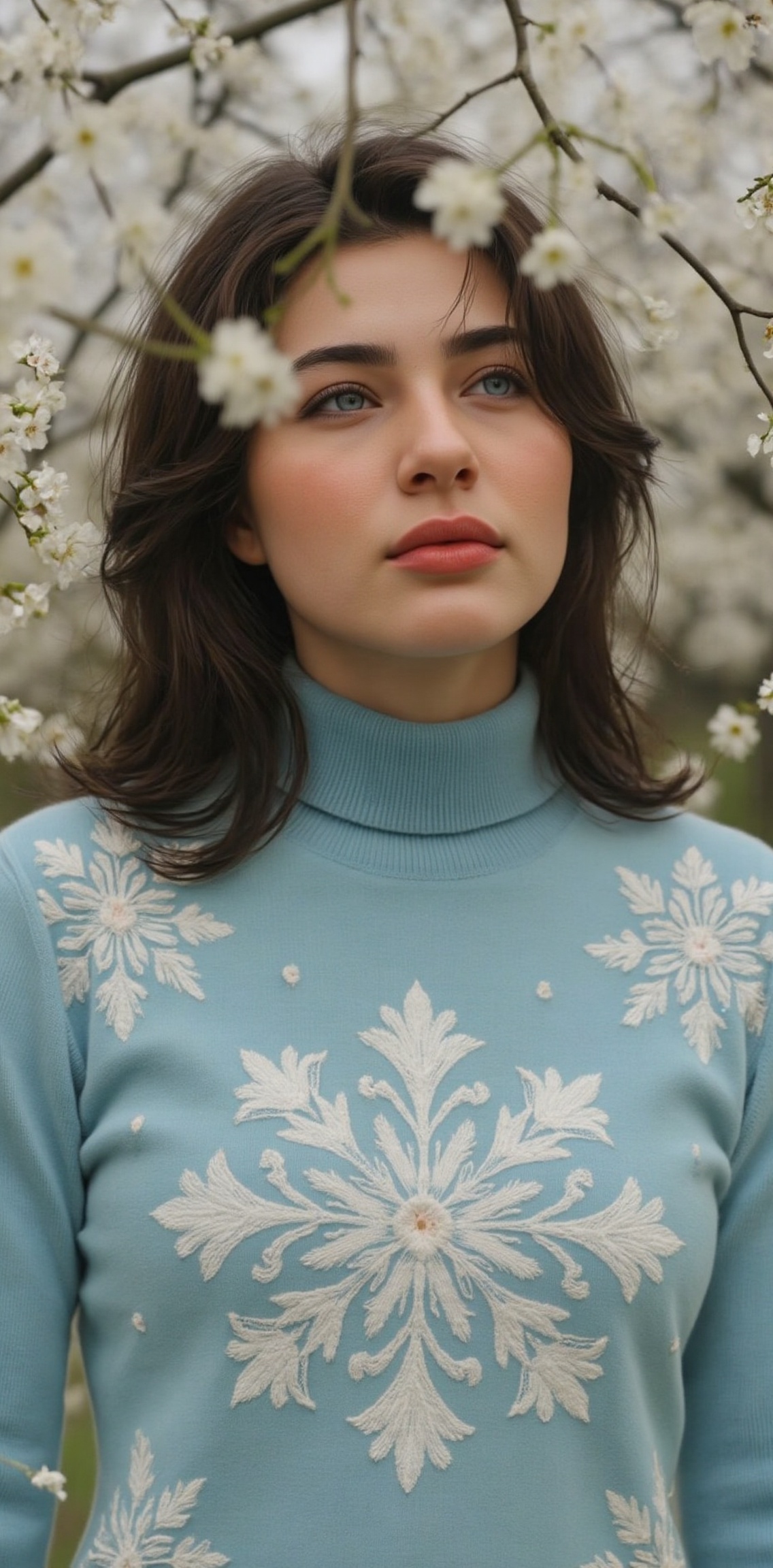 a close-up shot of a young Asian woman with long dark brown hair and blue eyes, is wearing a light blue turtleneck sweater with a white design on the front. Her sweater is adorned with white flowers, adding a pop of color to the scene. The background is blurred, suggesting a natural setting. The woman's gaze is directed towards the right side of the frame, creating a striking contrast.