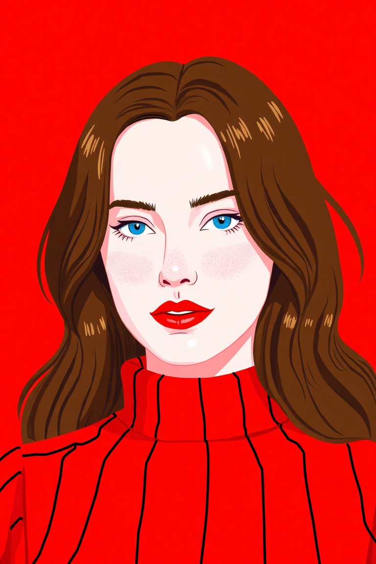 a close-up shot of a woman's head and shoulders, is positioned against a vibrant red backdrop. The woman's face is adorned with a white face, adorned with blue eyes, and her brown hair cascades over her shoulders. She is wearing a red turtleneck sweater, with black lines running down the length of the sweater. Her lips are painted a deep red, adding a pop of color to her face. Her eyebrows are a darker shade of blue, adding depth to the composition, COLORFUL 2D 