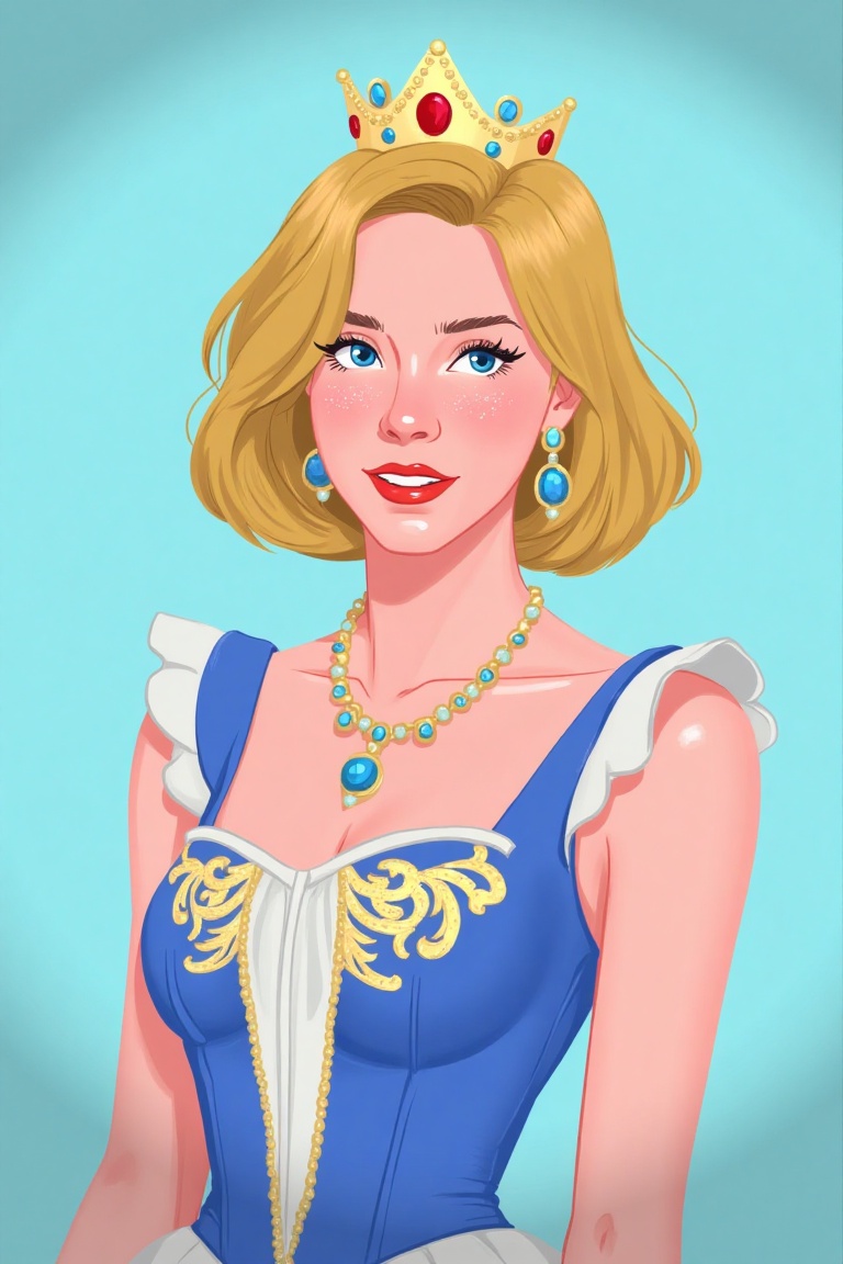 a medium-sized portrait of a blonde woman with blue eyes and a crown on her head. Her hair is styled in a wavy bob, and she is wearing a blue and white dress adorned with gold embroidery. She is adorned with a necklace and earrings, adding a touch of sparkle to her outfit. The backdrop is a light blue, and the lighting is subdued, creating a stark contrast to the woman's outfit.,COLORFUL 2D 