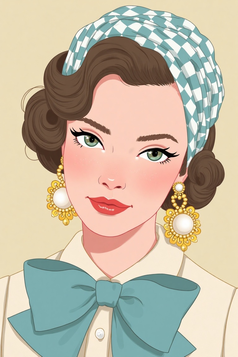"A close-up portrait of a young, elegant woman with soft, flawless skin and large, expressive eyes. She wears a vintage-inspired headscarf with a light blue and white gingham pattern that frames her face, and matching blouse with a large bow at the neck. Her accessories include ornate gold earrings with large pearl accents, adding a touch of classic sophistication. Her expression is serene, and her makeup is natural with a subtle glow. The lighting is soft, highlighting her gentle features and creating a warm, delicate atmosphere -- highly detailed, vintage elegance, digital paint, colorful,Colorful,line art,digital art,Vector art 