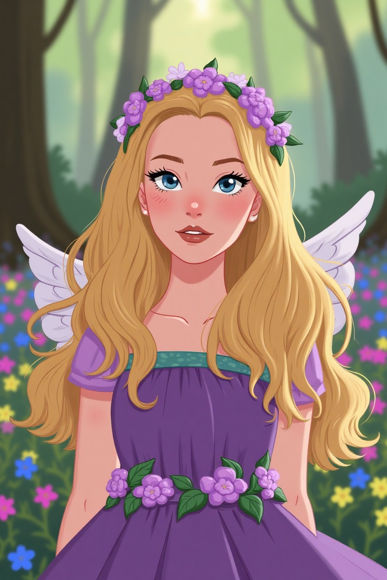a medium-angle shot captures a young fair-haired girl with long, wavy blonde hair, adorned with a headband adorned with purple flowers. Her eyes are a piercing blue, and her lips are a darker shade of brown. Her hair is cascading down her back, framing her face, adding a touch of beauty to the scene. She is dressed in a flowing dress adorned with wings, adorned in a variety of purple and green colors. The backdrop is blurred, suggesting a forest of wildflowers.,COLORFUL 2D 