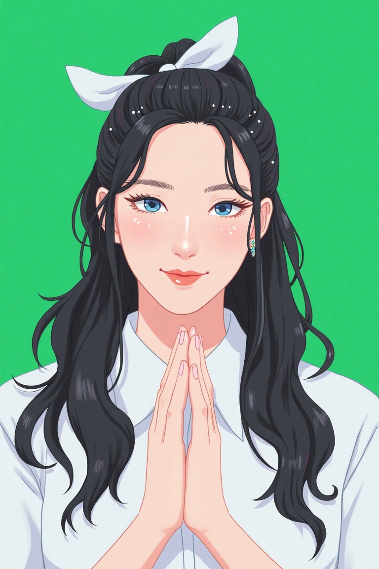 a medium-sized Asian woman with long black hair and a white bow on her head, is seen against a vibrant green backdrop. She is wearing a white shirt with a white collar, and her hands are clasped in front of her face. Her eyebrows are adorned with small white spots, adding a pop of color to her face, while her hair cascades down to her shoulders. Her eyes are a piercing blue, and she is adorned with a small amount of brown. Her lips are a darker shade of red, with a slight smile on her lips. Her hair is long and cascades in a ponytail, framing her entire face. The backdrop is a vibrant shade of green,