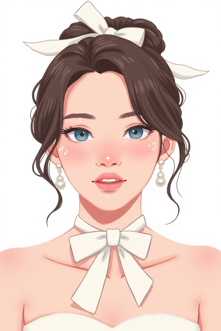 a medium-sized portrait of a fair-haired brunette woman, adorned with a white bow on her head. She is wearing a white strapless dress with a matching white bow tie around her neck. Her hair is styled in a bun, adding a touch of texture to her face. Her eyes are a piercing blue, and her eyebrows are a darker shade of brown. Her lips are a lighter shade of pink. Her earrings are adorned with white pearls, and the bow tie is tied in a knot. The backdrop is a stark white, creating a stark contrast to the woman's face.