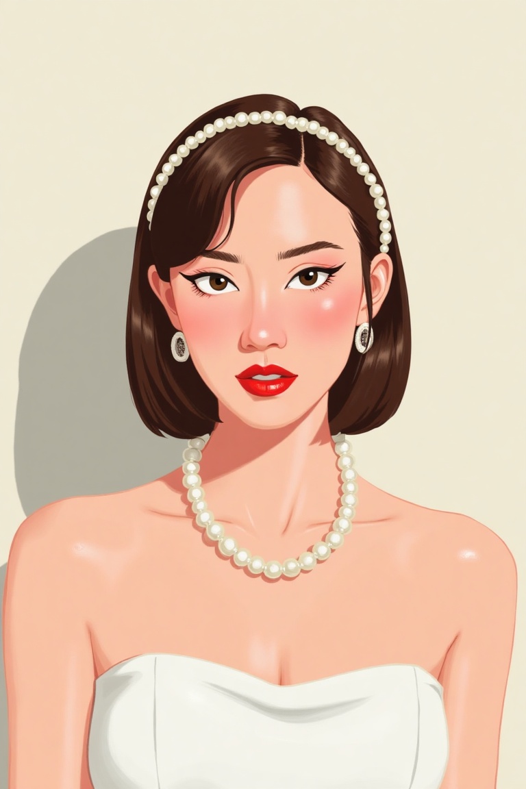A medium-sized portrait of a woman in a white strapless dress, adorned with a pearl necklace and a white headband. The woman's hair is styled in a sleek bob, and her eyes are adorned with brown eyebrows. Her lips are painted a vibrant red, adding a pop of color to the scene. The backdrop is a creamy white, and the woman's shadow is cast on the bottom right corner of the frame.
