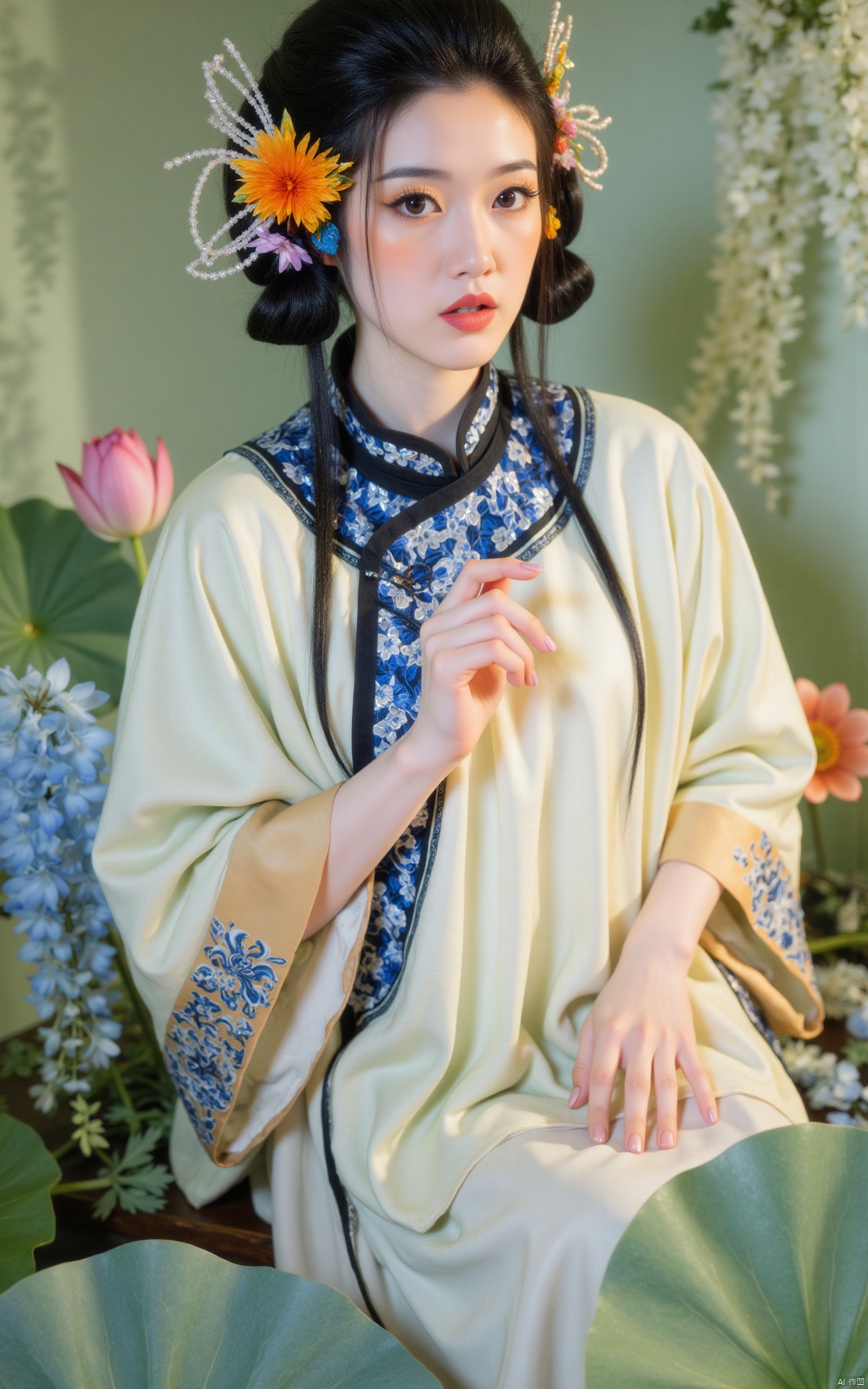 masterpiece,(best quality),official art, (1girl), (solo), ((looking_at_viewer)),(huge breasts:2.59),(full breasts:1.99),Xzhaoliner,(Lotus pond, lotus:1.52),Xsonghanfu,Xqinghanfu,Xbaiyin81,Xyueying,Xxuanyi,Xhanfududou