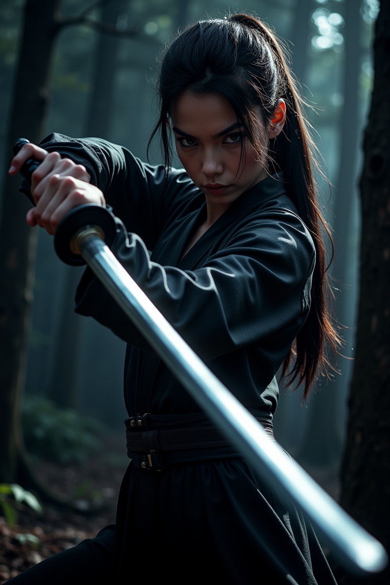 A dynamic close-up shot of a fierce girl wielding a katana,  sharp blade glinting under the dramatic lighting. She stands...