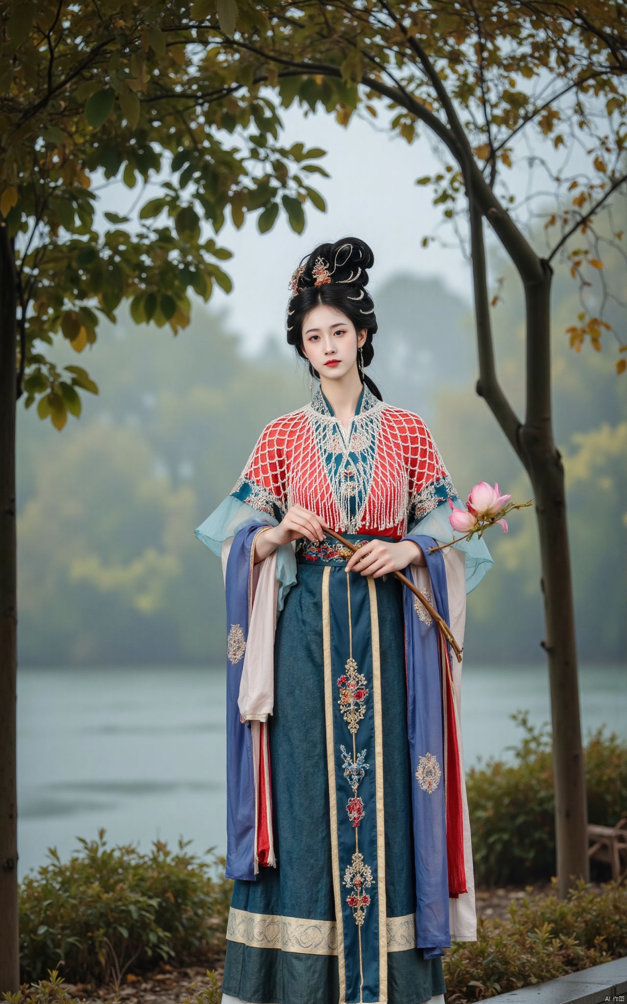  masterpiece,1girl,solo,black hair,(Standing by the lotus pond in the garden:1.3),(hanfu dress:1.3),black eyes,beautiful face,short sleeves,holding flower,looking at viewer,(huge breasts:2.79),(full breasts:1.99),Xminguo,Xruanxiu,Xqhanfu,Xqipao,Xqinghanfu,Xhanfududou,Xminghanfu