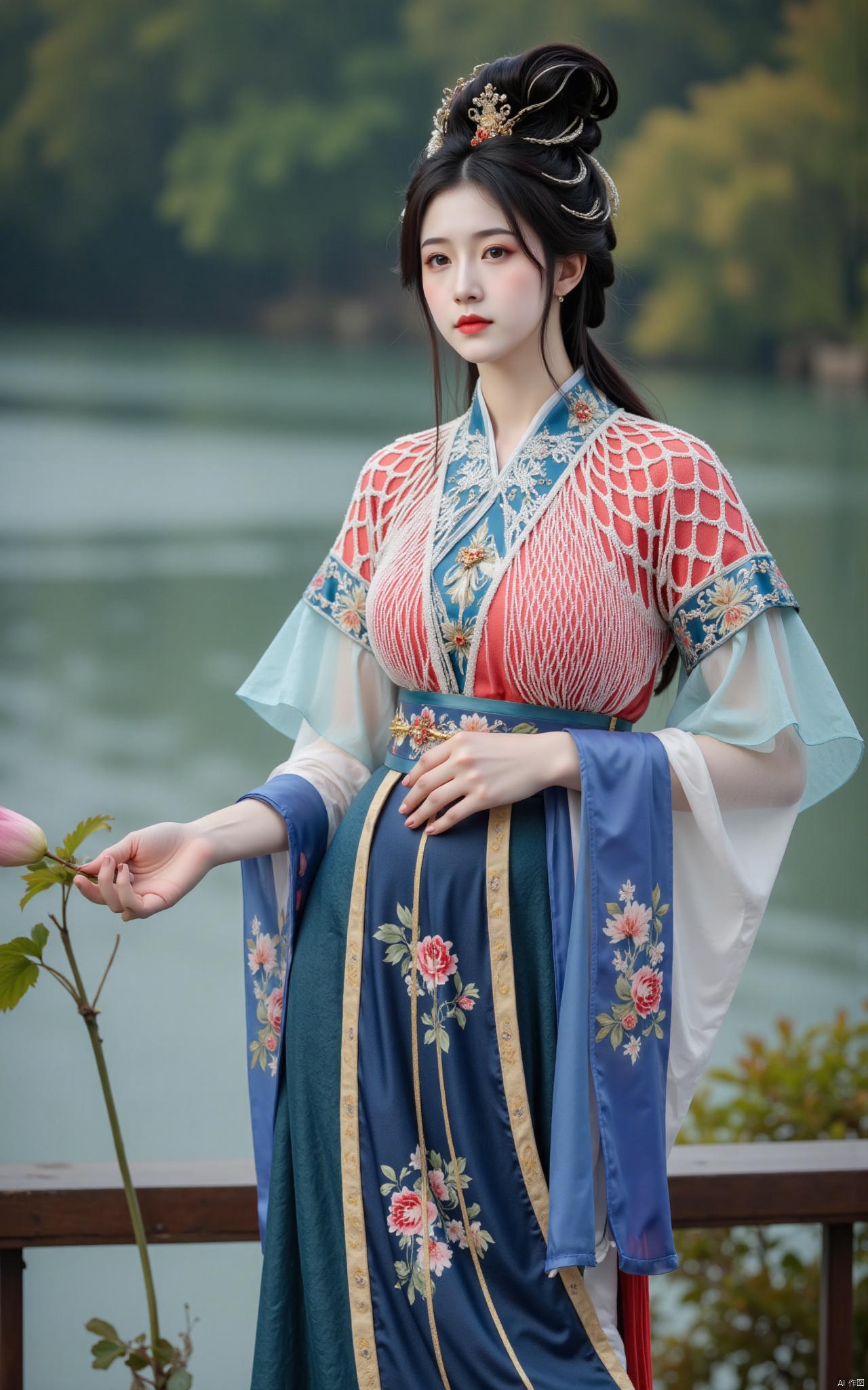  masterpiece,1girl,solo,black hair,(Standing by the lotus pond in the garden:1.3),(hanfu dress:1.3),black eyes,beautiful face,short sleeves,holding flower,looking at viewer,(huge breasts:2.79),(full breasts:1.99),Xxianyi,Xxiyouqin,Xqinghe,Xyanqingcheng,Xhongdie,Xcaoying,Xjiziyue,Xyueying,Xbaiyin81