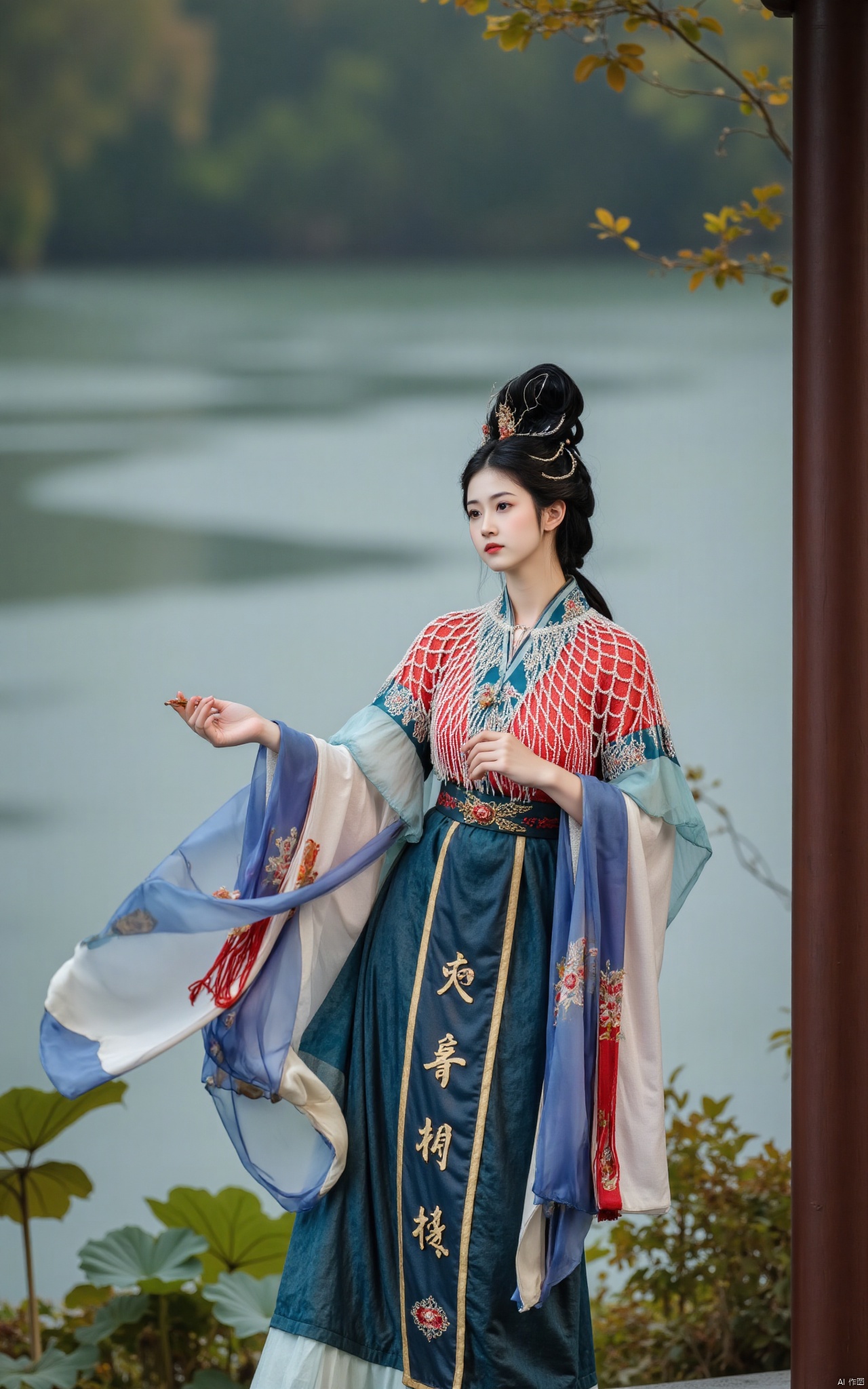  masterpiece,1girl,solo,black hair,(Standing by the lotus pond in the garden:1.3),(hanfu dress:1.3),black eyes,beautiful face,short sleeves,holding flower,looking at viewer,(huge breasts:2.79),(full breasts:1.99),Xminguo,Xruanxiu,Xqhanfu,Xqipao,Xqinghanfu,Xhanfududou,Xminghanfu