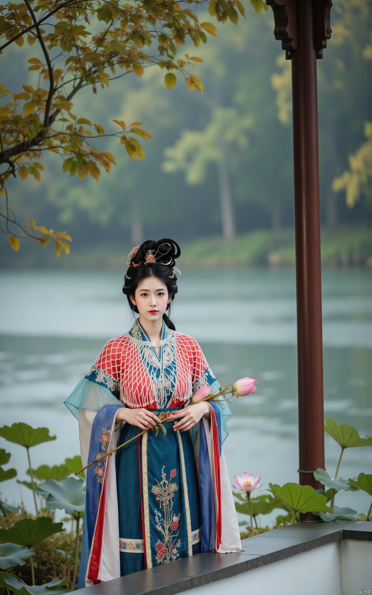  masterpiece,1girl,solo,black hair,(Standing by the lotus pond in the garden:1.3),(hanfu dress:1.3),black eyes,beautiful face,short sleeves,holding flower,looking at viewer,(huge breasts:2.79),(full breasts:1.99),Xminguo,Xruanxiu,Xqhanfu,Xqipao,Xqinghanfu,Xhanfududou,Xminghanfu