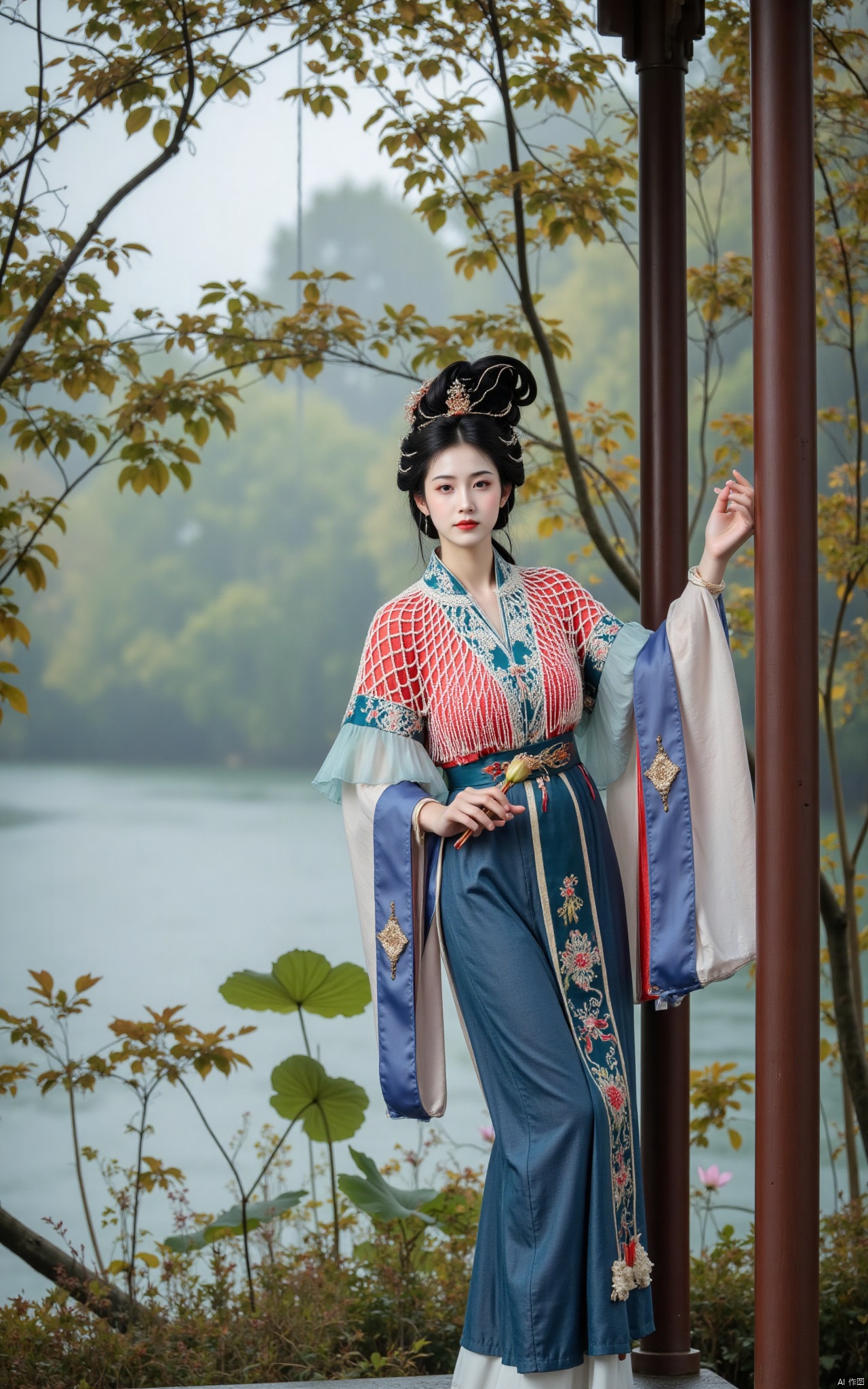  masterpiece,1girl,solo,black hair,(Standing by the lotus pond in the garden:1.3),(hanfu dress:1.3),black eyes,beautiful face,short sleeves,holding flower,looking at viewer,(huge breasts:2.79),(full breasts:1.99),Xminguo,Xruanxiu,Xqhanfu,Xqipao,Xqinghanfu,Xhanfududou,Xminghanfu