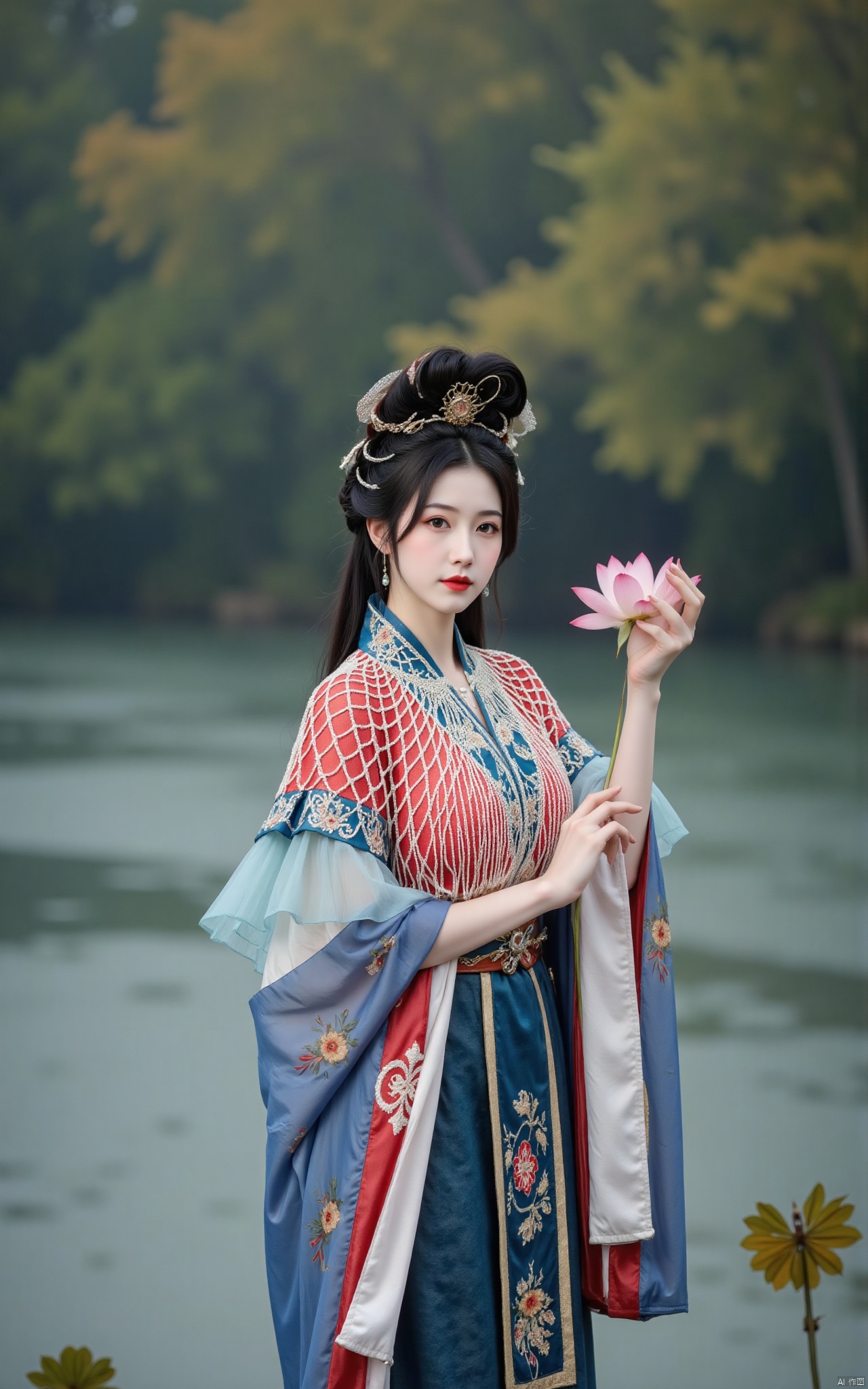  masterpiece,1girl,solo,black hair,(Standing by the lotus pond in the garden:1.3),(hanfu dress:1.3),black eyes,beautiful face,short sleeves,holding flower,looking at viewer,(huge breasts:2.79),(full breasts:1.99),Xxianyi,Xxiyouqin,Xqinghe,Xyanqingcheng,Xhongdie,Xcaoying,Xjiziyue,Xyueying,Xbaiyin81