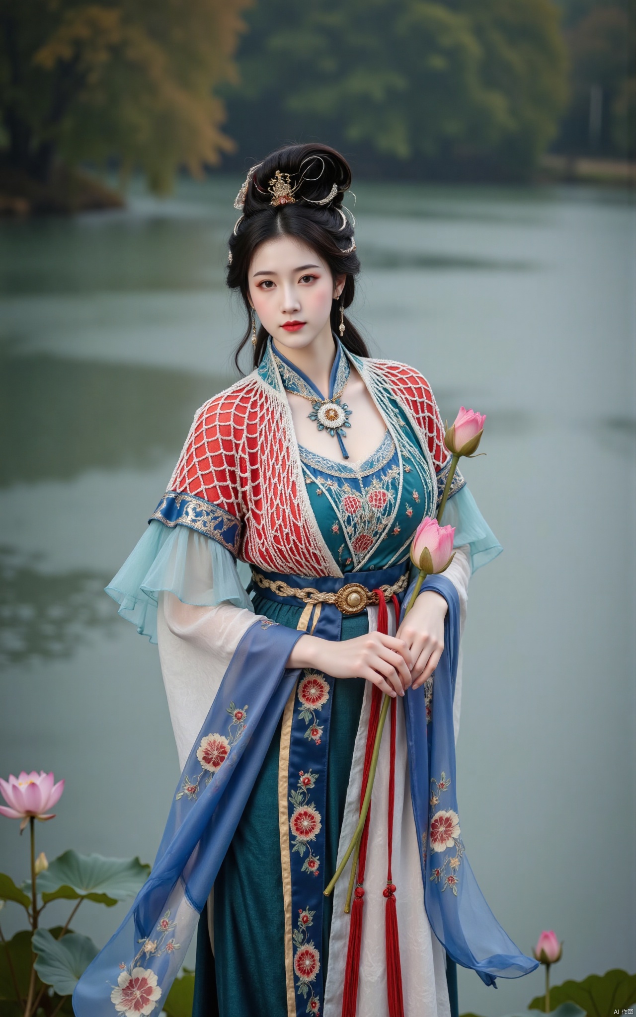  masterpiece,1girl,solo,black hair,(Standing by the lotus pond in the garden:1.3),(hanfu dress:1.3),black eyes,beautiful face,short sleeves,holding flower,looking at viewer,(huge breasts:2.79),(full breasts:1.99),Xxianyi,Xxiyouqin,Xqinghe,Xyanqingcheng,Xhongdie,Xcaoying,Xjiziyue,Xyueying,Xbaiyin81