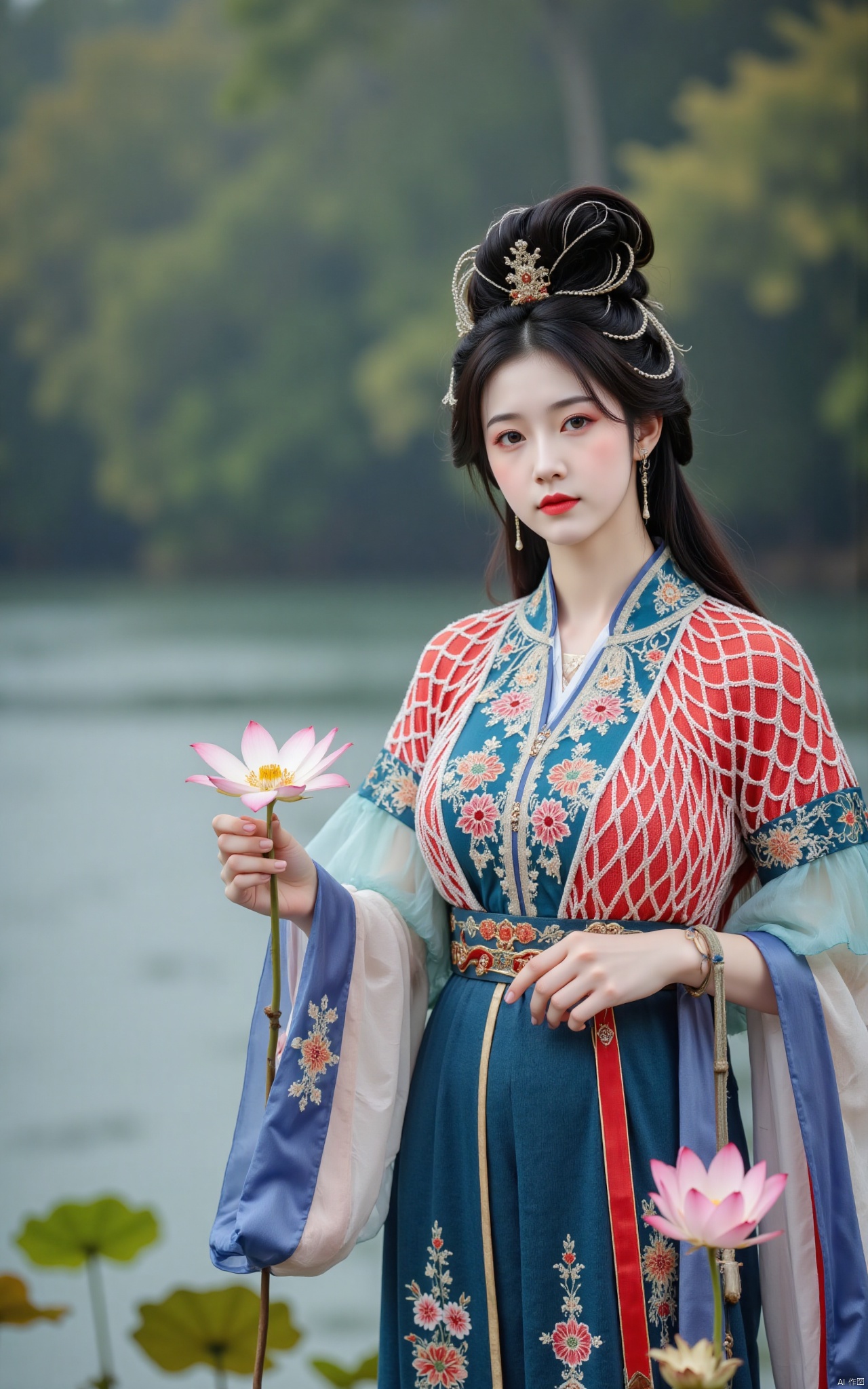  masterpiece,1girl,solo,black hair,(Standing by the lotus pond in the garden:1.3),(hanfu dress:1.3),black eyes,beautiful face,short sleeves,holding flower,looking at viewer,(huge breasts:2.79),(full breasts:1.99),Xxianyi,Xxiyouqin,Xqinghe,Xyanqingcheng,Xhongdie,Xcaoying,Xjiziyue,Xyueying,Xbaiyin81