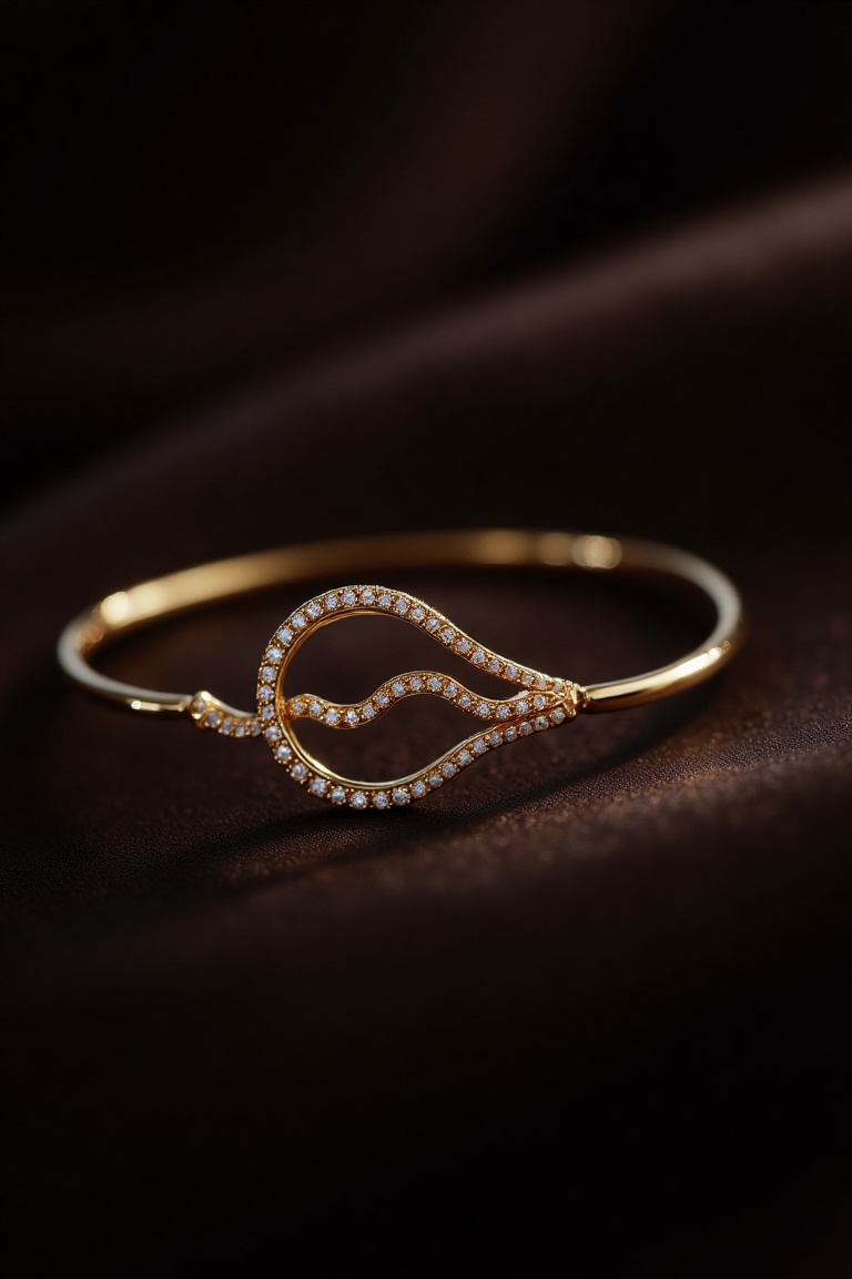 A close-up shot of a bracelet with an abstract design pendant,  featuring gold and pearl elements. The pendant is intricat...