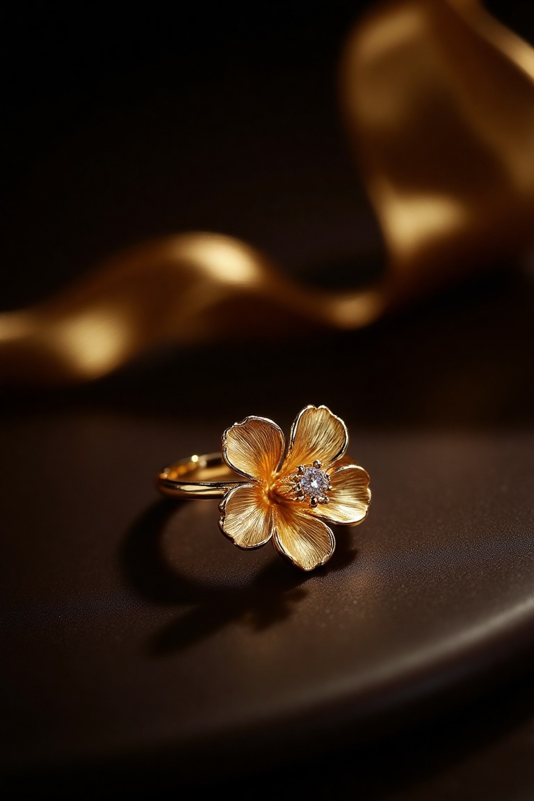 A close-up shot of a jewelry set featuring a hibiscus pattern in gold. The set is intricately detailed,  with a minimalist...
