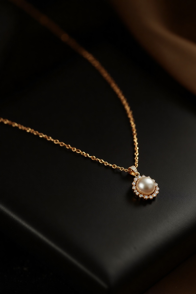 A close-up shot of an elegant and classic necklace with a pearl pendant. The pendant is intricately detailed,  set against...