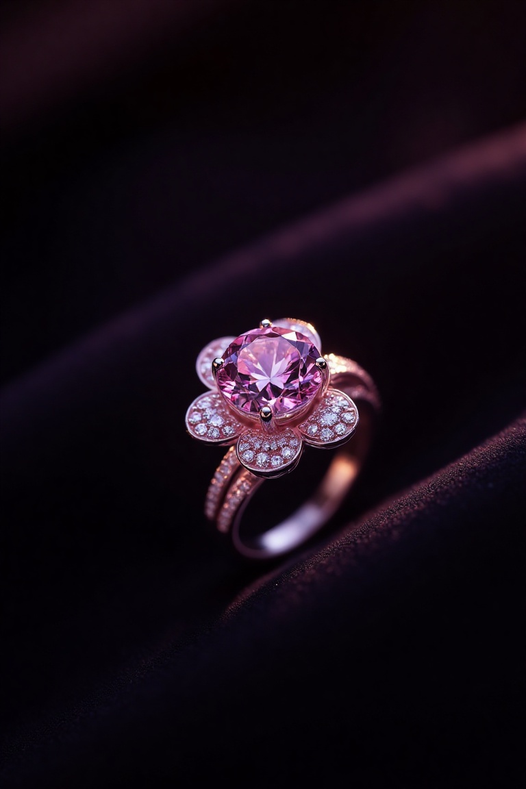 A minimalist composition featuring a ring with a large pink diamond,  set in a delicate flower design. The ring is centere...