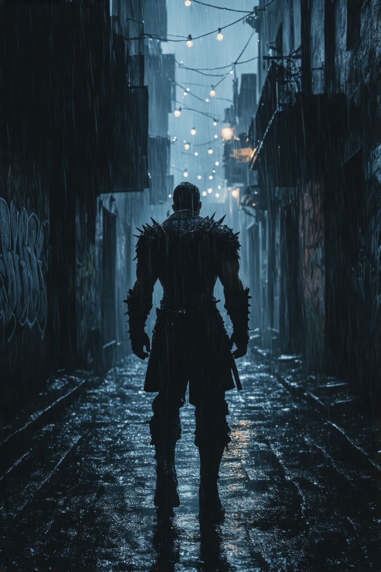 This is a high-resolution digital illustration depicting a dark,  rain-soaked alley at night during a heavy rain shower. T...